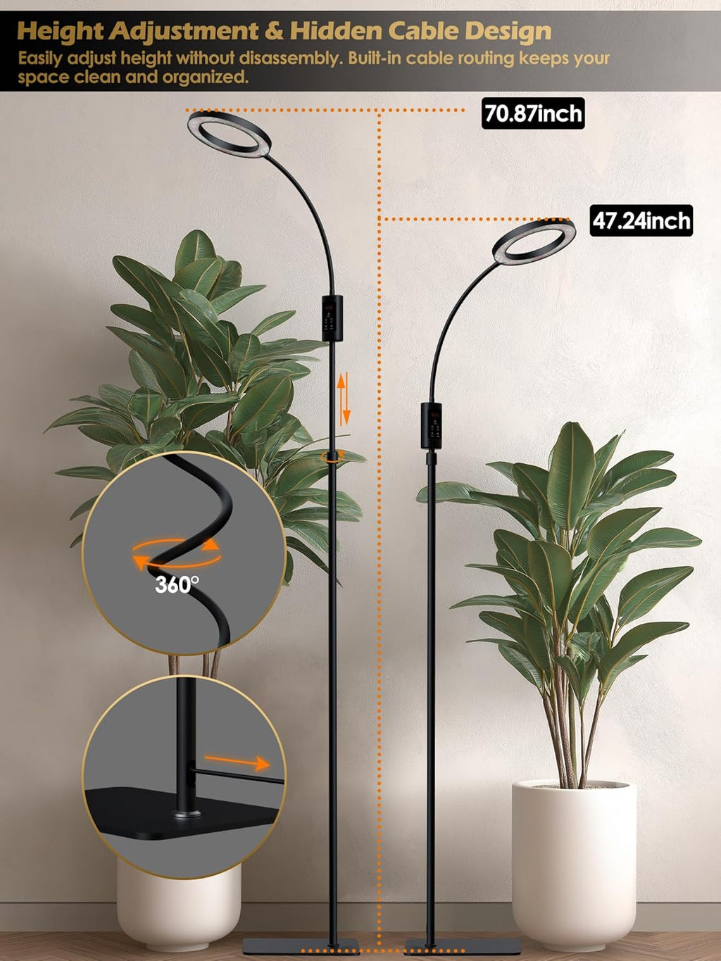 Smart Grow Lights for Indoor Plants,24W Plant Light with Auto-Timer,Full Spectrum LED Grow Light, Adjustable Height & Stepless Dimming,Plant Assistant Suitable for Most Plants (Black, 24W)