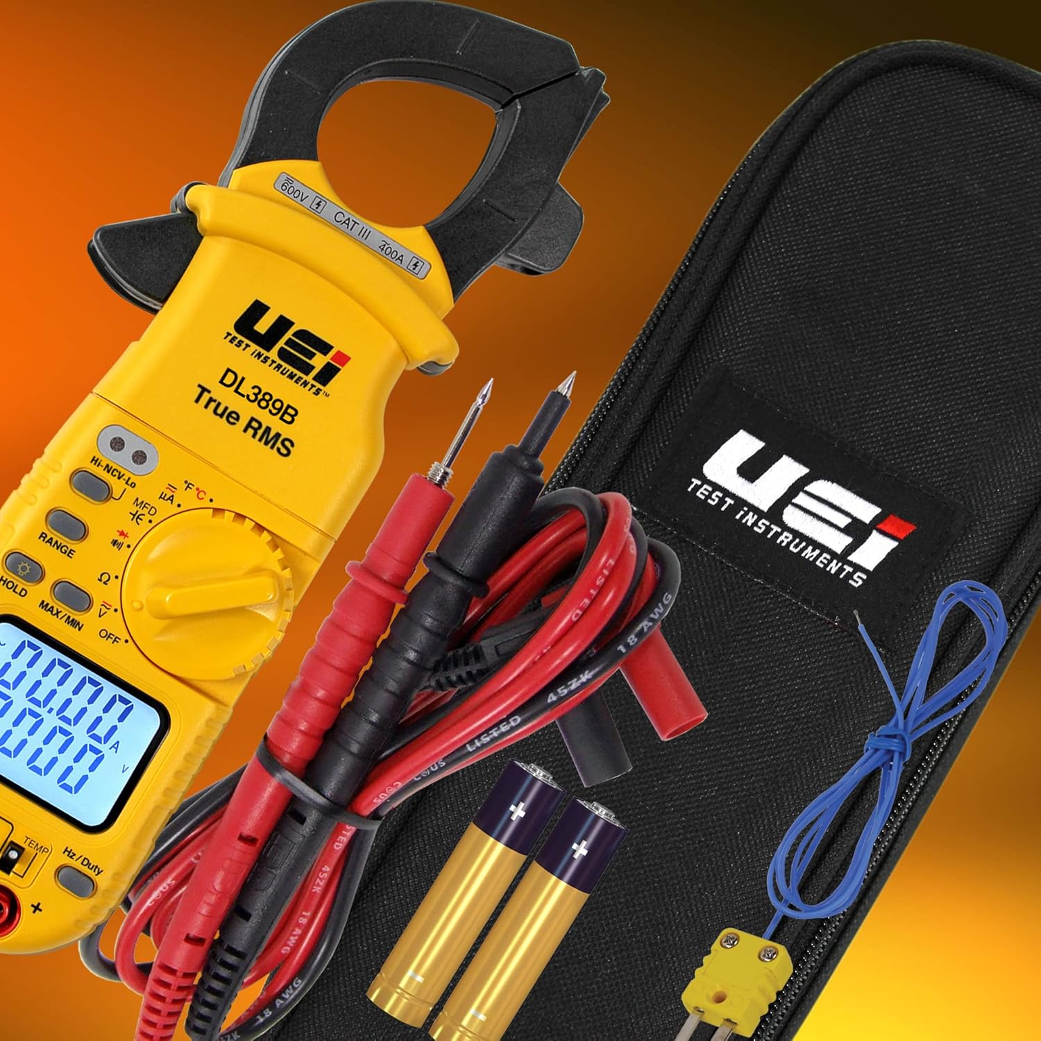 UEi DL389B Digital True RMS Clamp Meter, HVAC 4000 Counts Auto Ranging Voltmeter, Measures AC & DC Volts AC Amps AC/DC Microamps Temperature Frequency Resistance Capacitance Duty Cycle NCV Diode Test