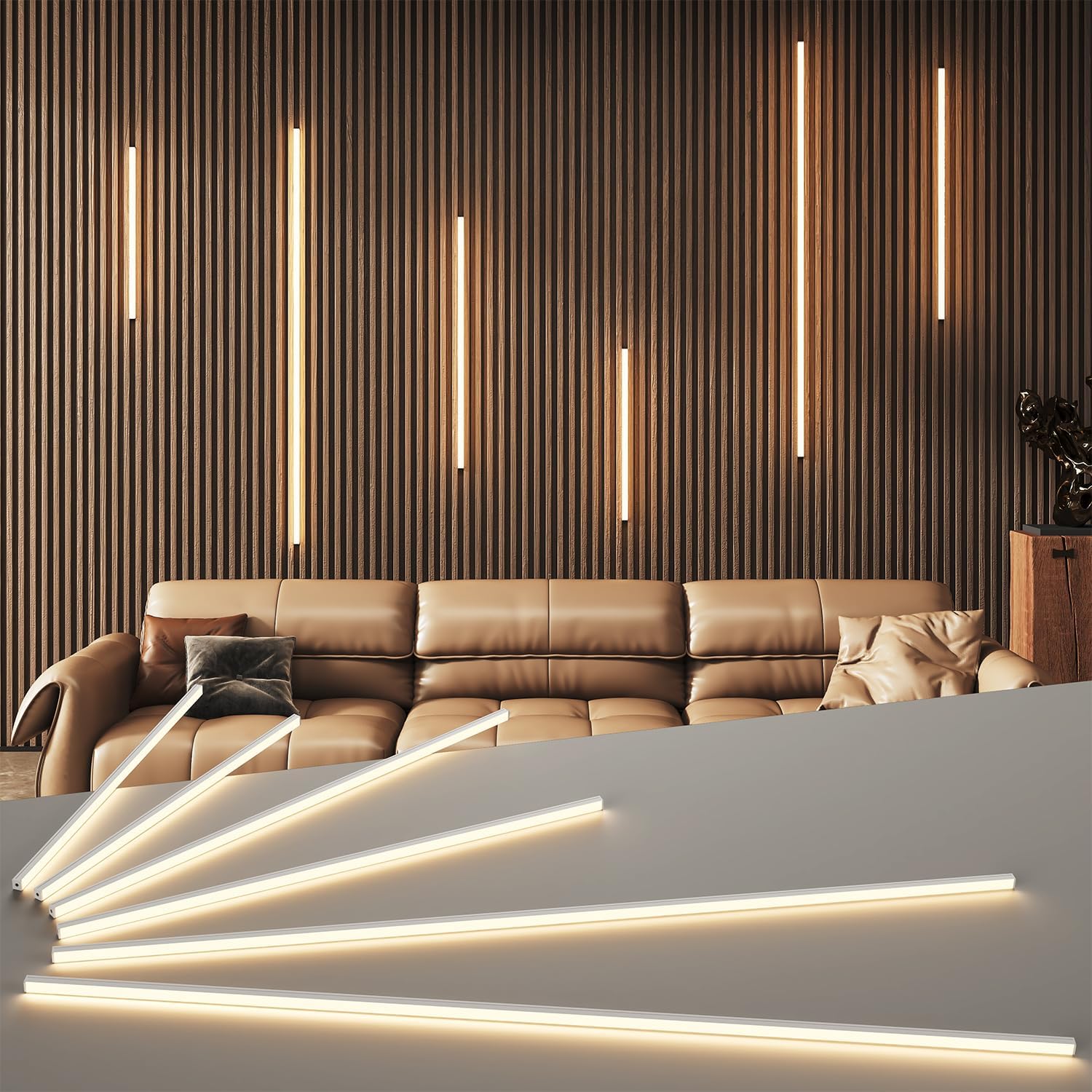 LED Recessed Lighting Kit for Wall Panels - GloryAir 6pcs Adhesive Wall Strip Lights for Interior Wall Decor, 3000K Touchable Switch Lamp for Wood Slat, Wall Accent Acoustic Panels, Kitchen Home stair