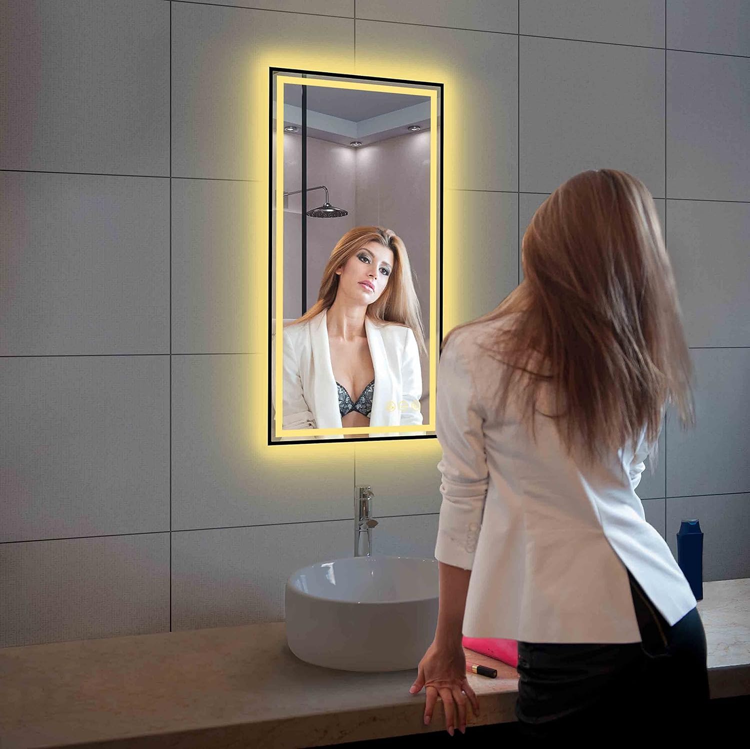 18x36 Inch LED Bathroom Mirror with Matte Black Frame| Wall Mounted Backlit Vanity Mirror with Lights | Anti-Fog, 3 Color Dimmable Smart Bathroom LED Mirror | Frame Vanity Mirror for Makeup