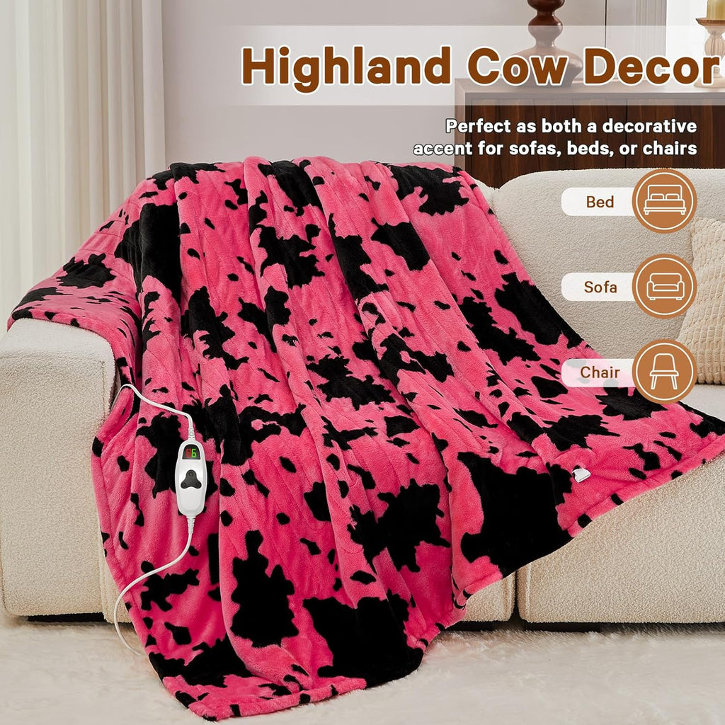 Cow Print Heated Electric Blanket Throw,50X60 Pink Heating Blanket with 10 Heats Levels & 8 Hours Auto Off,Highland Cow Decor Stuff Fleece Sherpa Blankets Warmer Gifts for Women Adults Washable