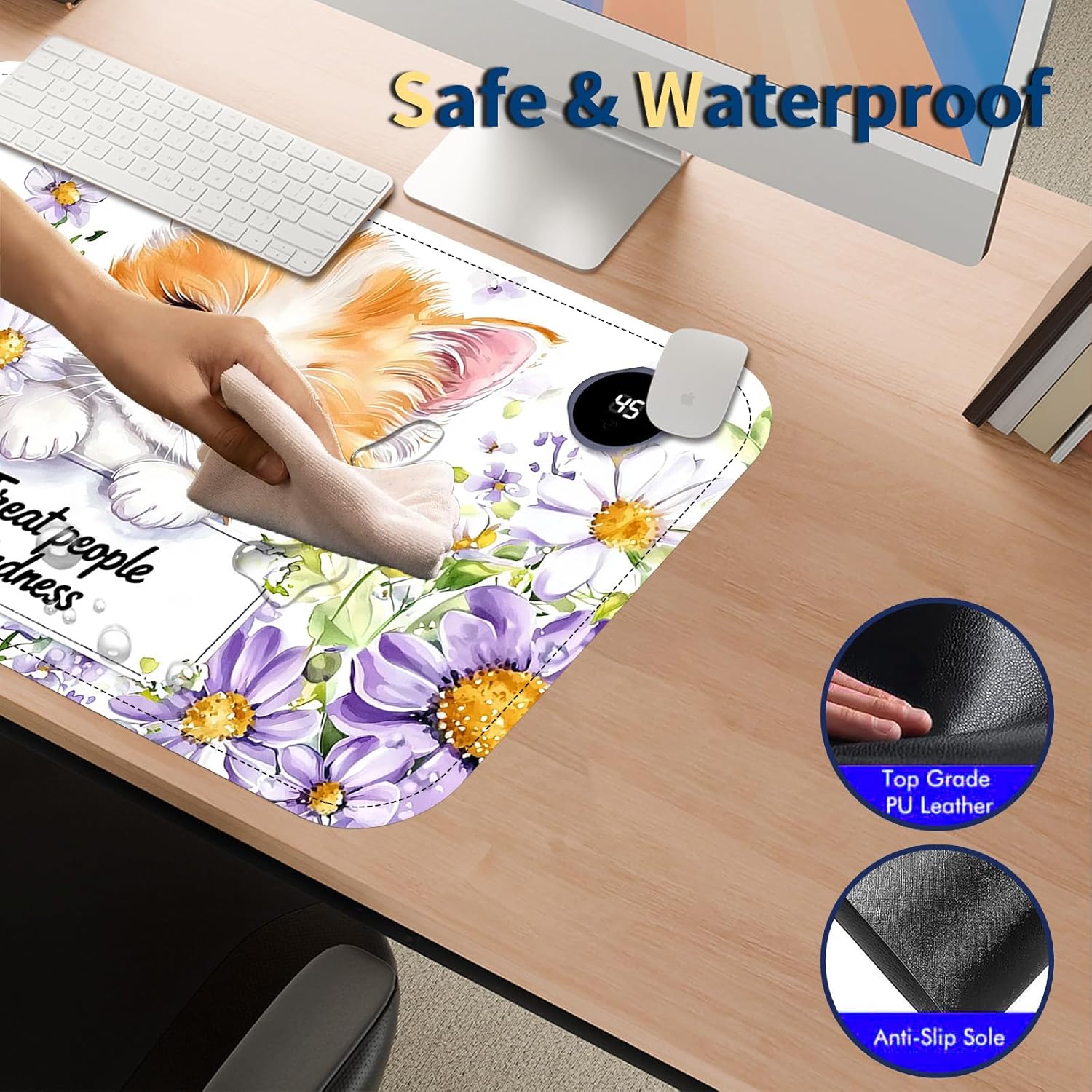 Heated Mouse Pad with 3 Temperature Settings(104°F–122°F),Large 24x14.2 Inch PU Leather Heated Desk Mat,Waterproof Warming Pad for Office,Gaming & Cold Hands Relief,Cute Cat Flower