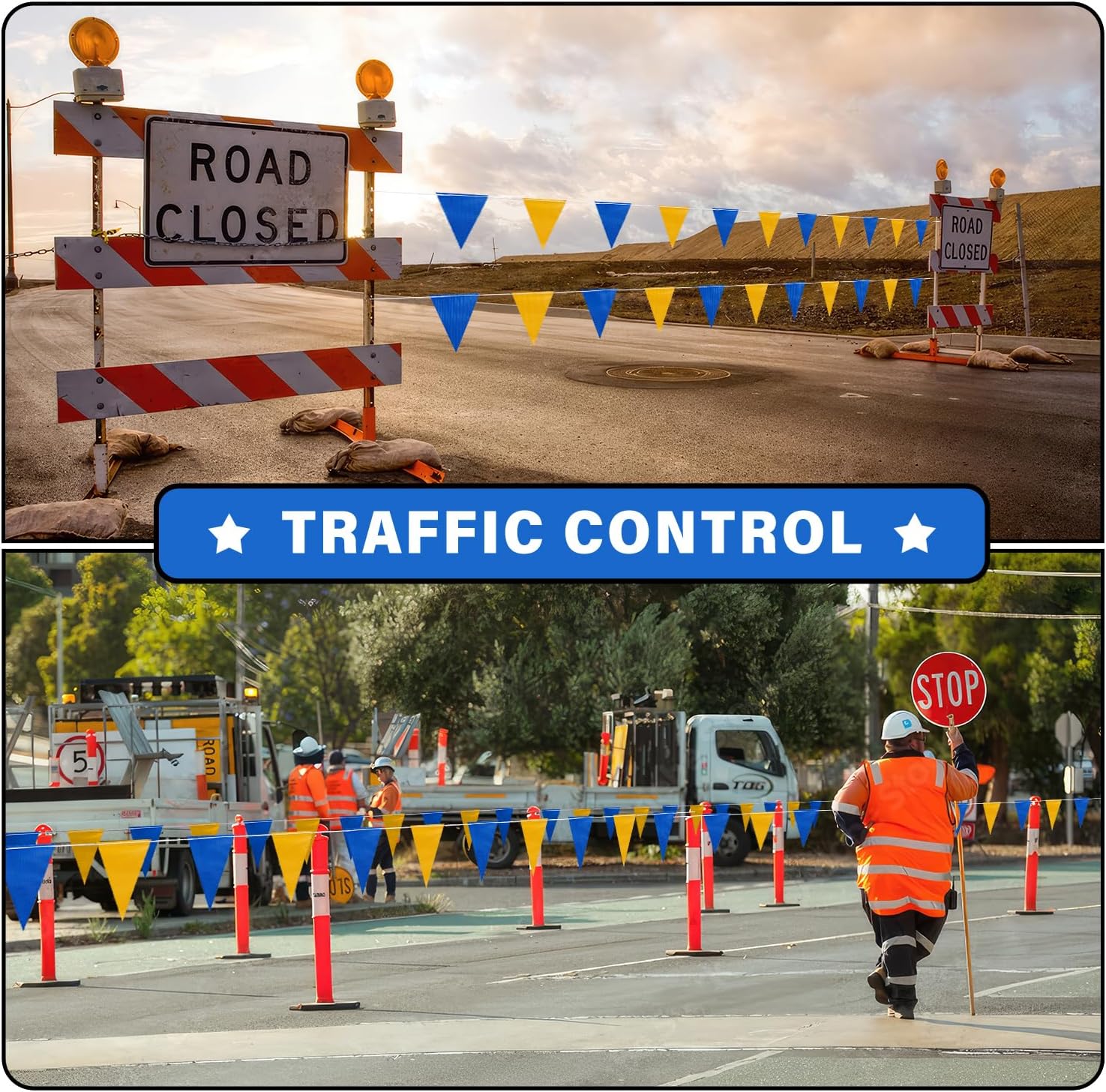 105ft Blue and Yellow Pennant Banner Flag, 7"x10" Fluorescent Safety Flagging Banner Warning Flag for Construction Site/Boundary Barrier Signs, Perimeter Marking Flags on String, 45 Flags