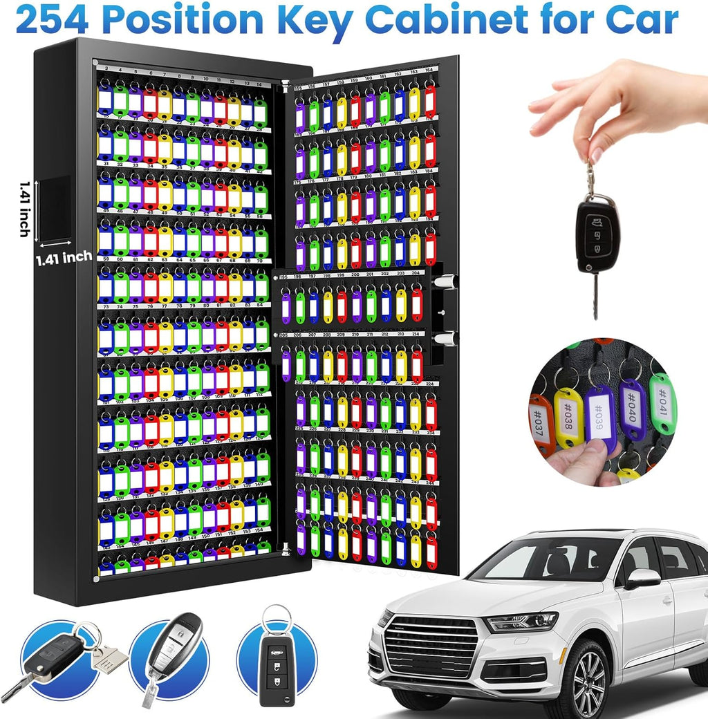 254 Keys Digital Key Lock Box Wall Mount with Code, Heavy Duty Anti-Theft Key Lock Box with Side Drop Slot and Colorful Key Tags for Car Garage House Rental Office