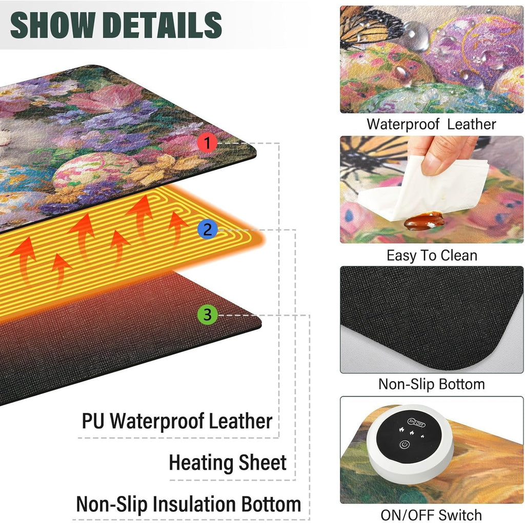 Heated Desk Pad Mouse Pad 31.5x13 Inch PU Leather Desk Mat with 3 Heat Levels Large Mouse Gaming Computer Laptop Mat Easter Bunny Eggs Sunflowers