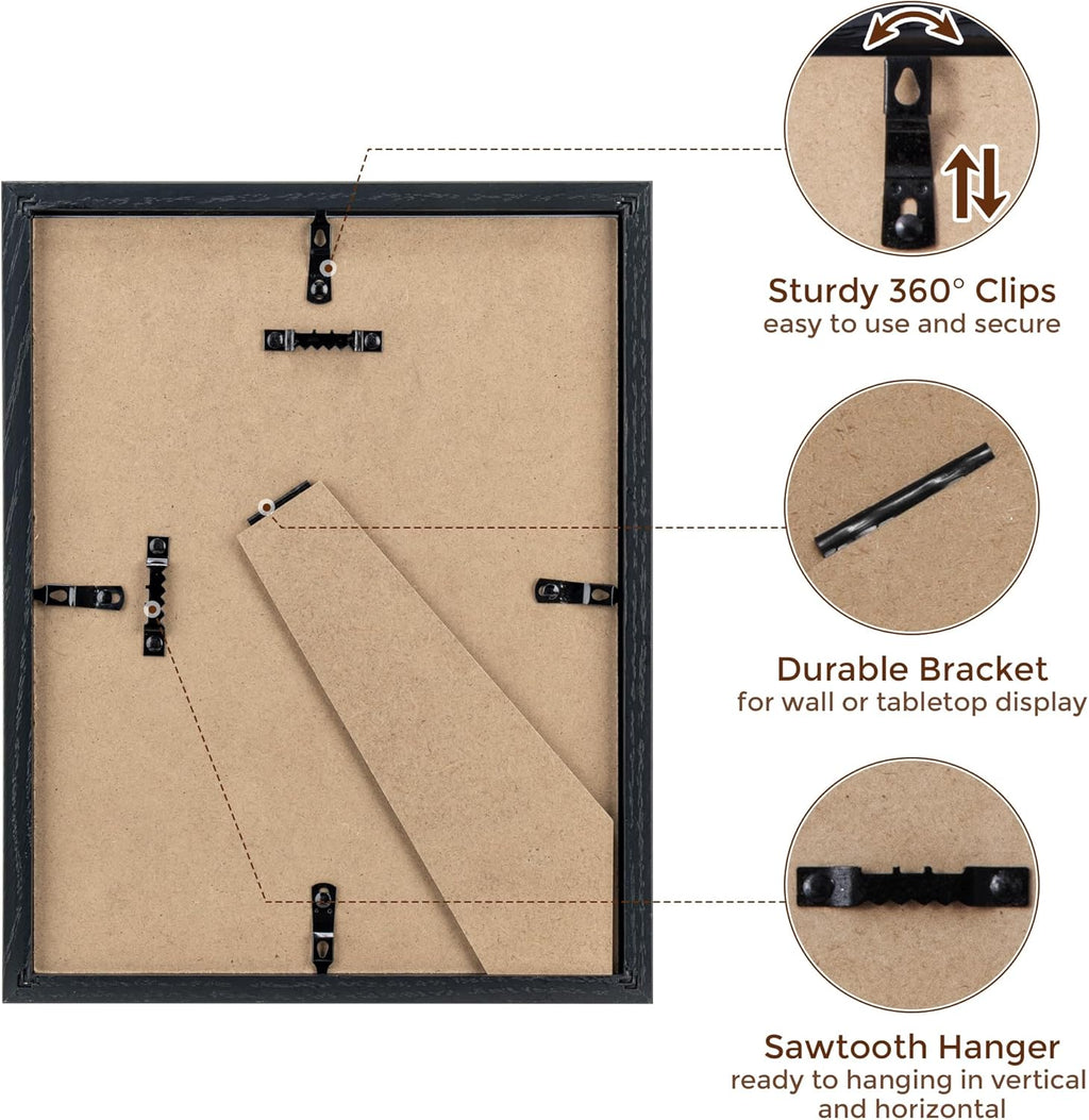 Black Picture Frame 8.5x11, Natural Oak Wood 8.5 x 11 Photo Frame, 8.5 by 11 Frame for Wall, 8.5x11 Picture Frame with Mat for 6x8, Tempered Real Glass, Black Color, Set of 1