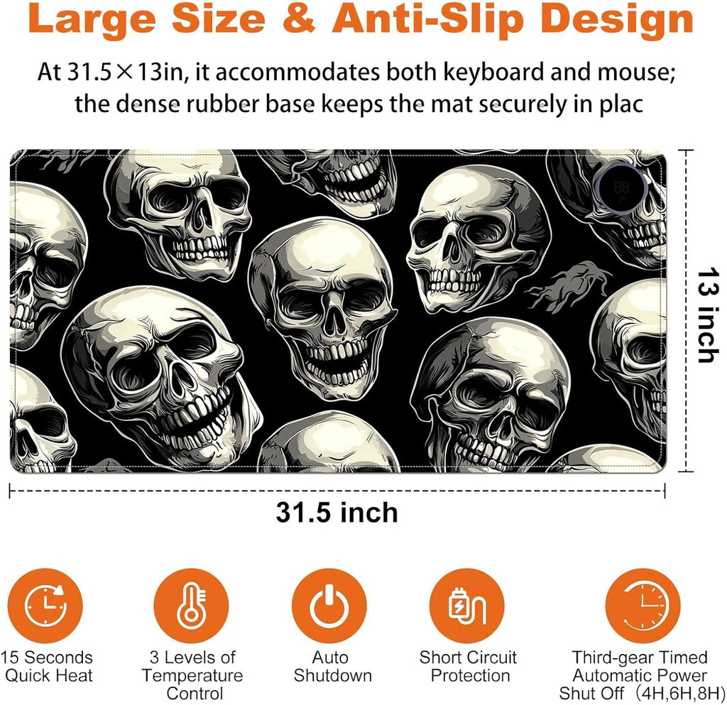 Heated Mouse Pad for Desk 31.5" x 13" – PU Leather Warm Desk Pad with 3 Heat Levels (104°F/113°F/122°F), Plug-in Electric Heating Mat with Auto Shut-Off, Waterproof & Rollable, Skull Pattern