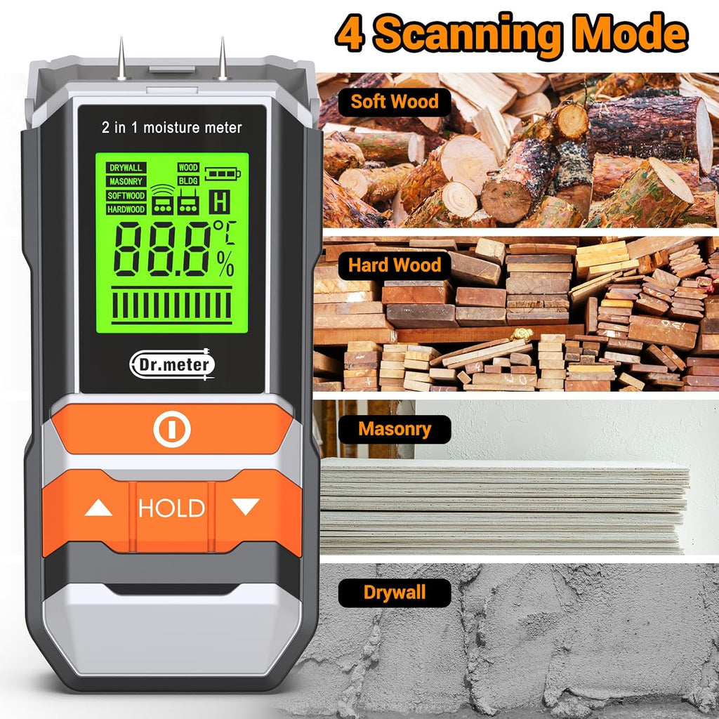 Wood Moisture Meter, 2 in 1 Pin & Pinless Moisture Tester, Digital Dampness Moisture Sensor Detector for Wood Firewood Drywall Paper Floor Woodworking, Water Leak Detector