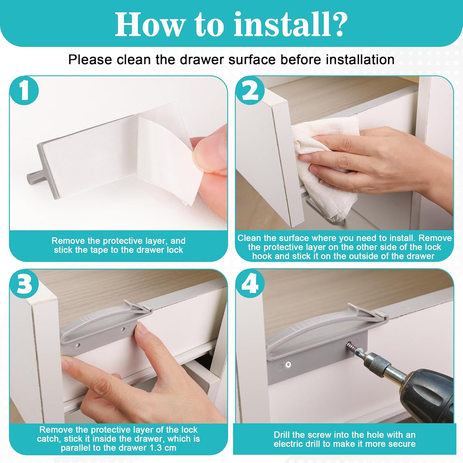 Coolrunner Thickened Version Child Safety Drawer Locks, 8 Pack Safety Invisible Drawer Latches with Strong Adhesive and Screw for Baby Care, Only fit for Some Drawers, Please See Below Before Buying