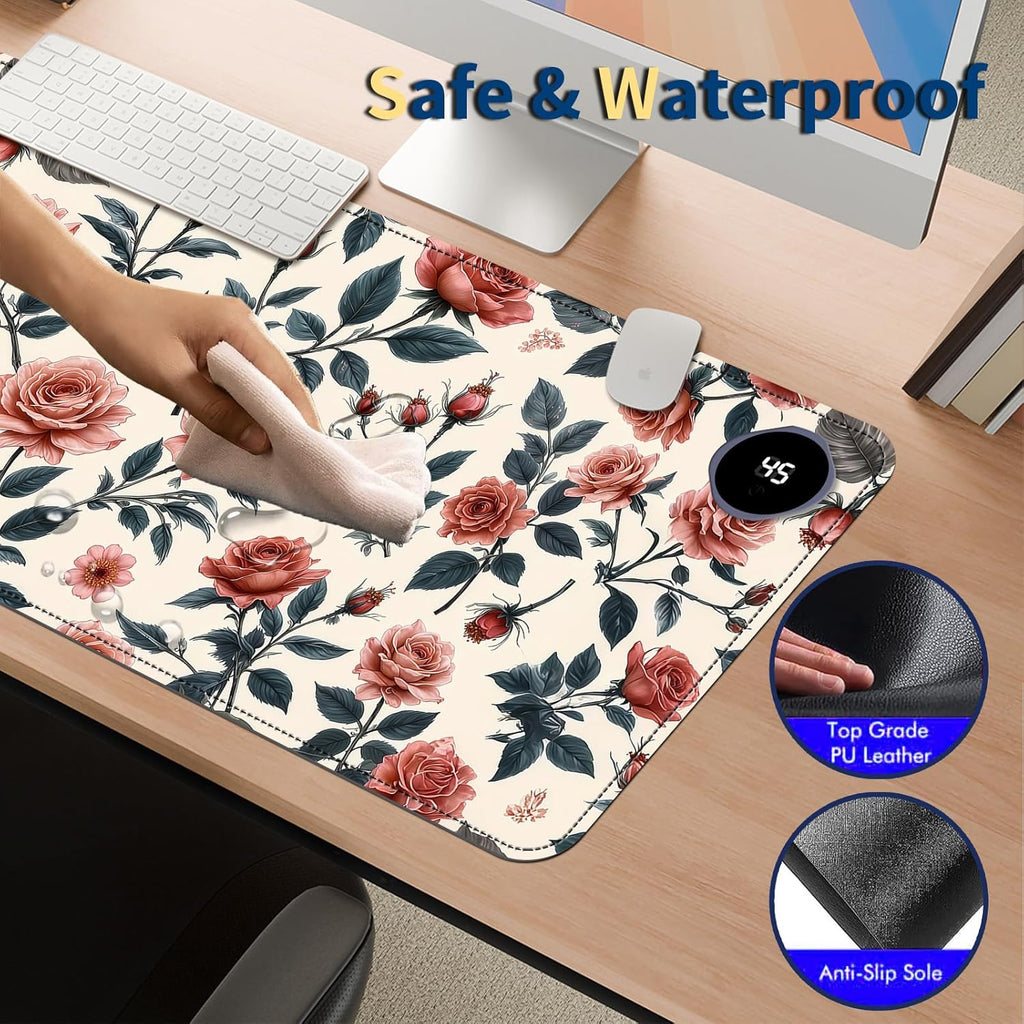 Heated Mouse Pad with 3 Temperature Settings(104°F–122°F),Large 31.5x13 Inch PU Leather Heated Desk Mat,Waterproof Warming Pad for Office,Gaming & Cold Hands Relief,Retro Flowers