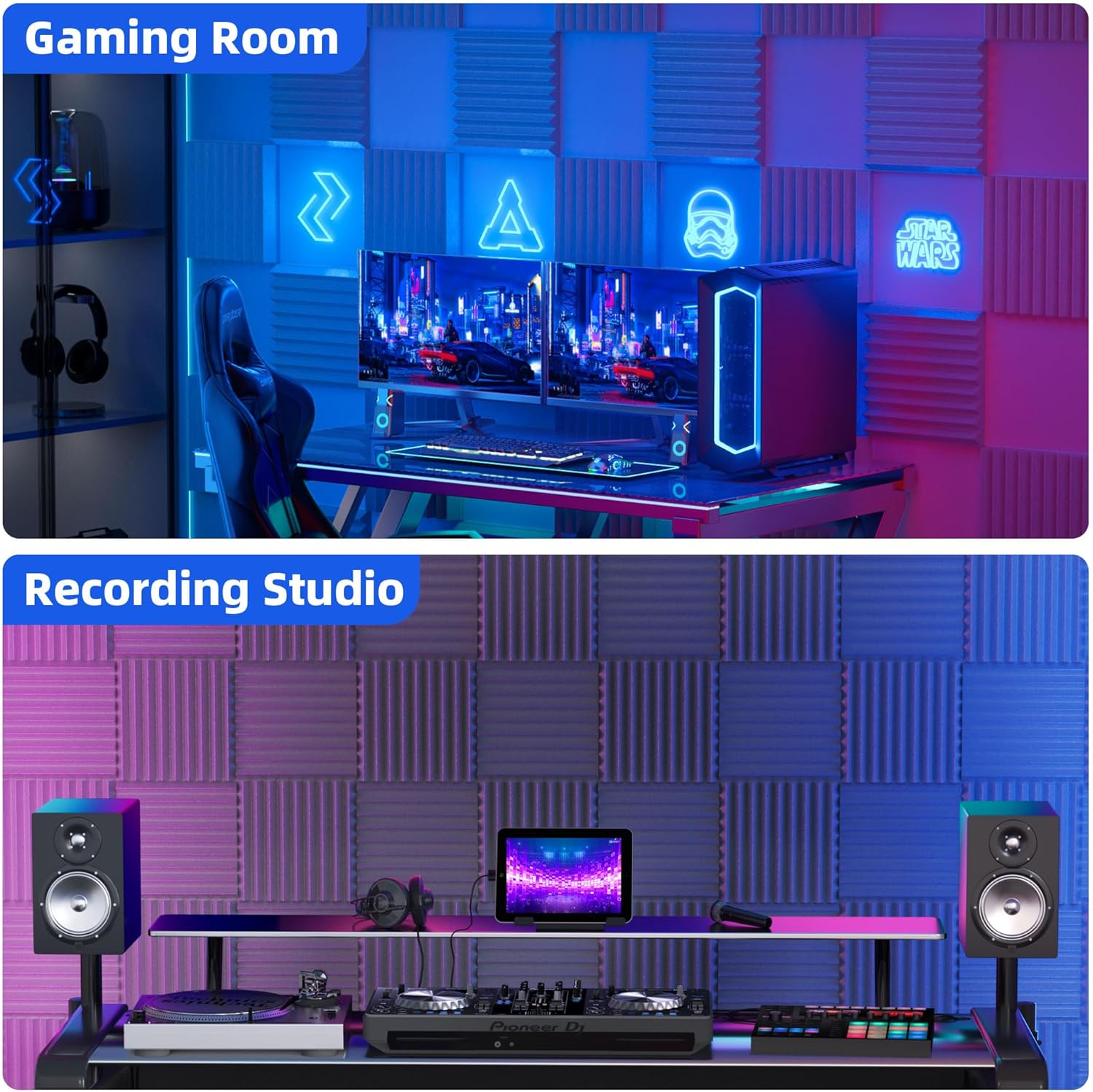 24 Pack Sound Proof Foam Panels for Wall with Self Adhesive, 3" X 12" X 12" High Density Acoustic Panels Sound Absorbing Quick-Recovery, Wedges Soundproof Wall Panels for Gaming & Studio Decor - Gray