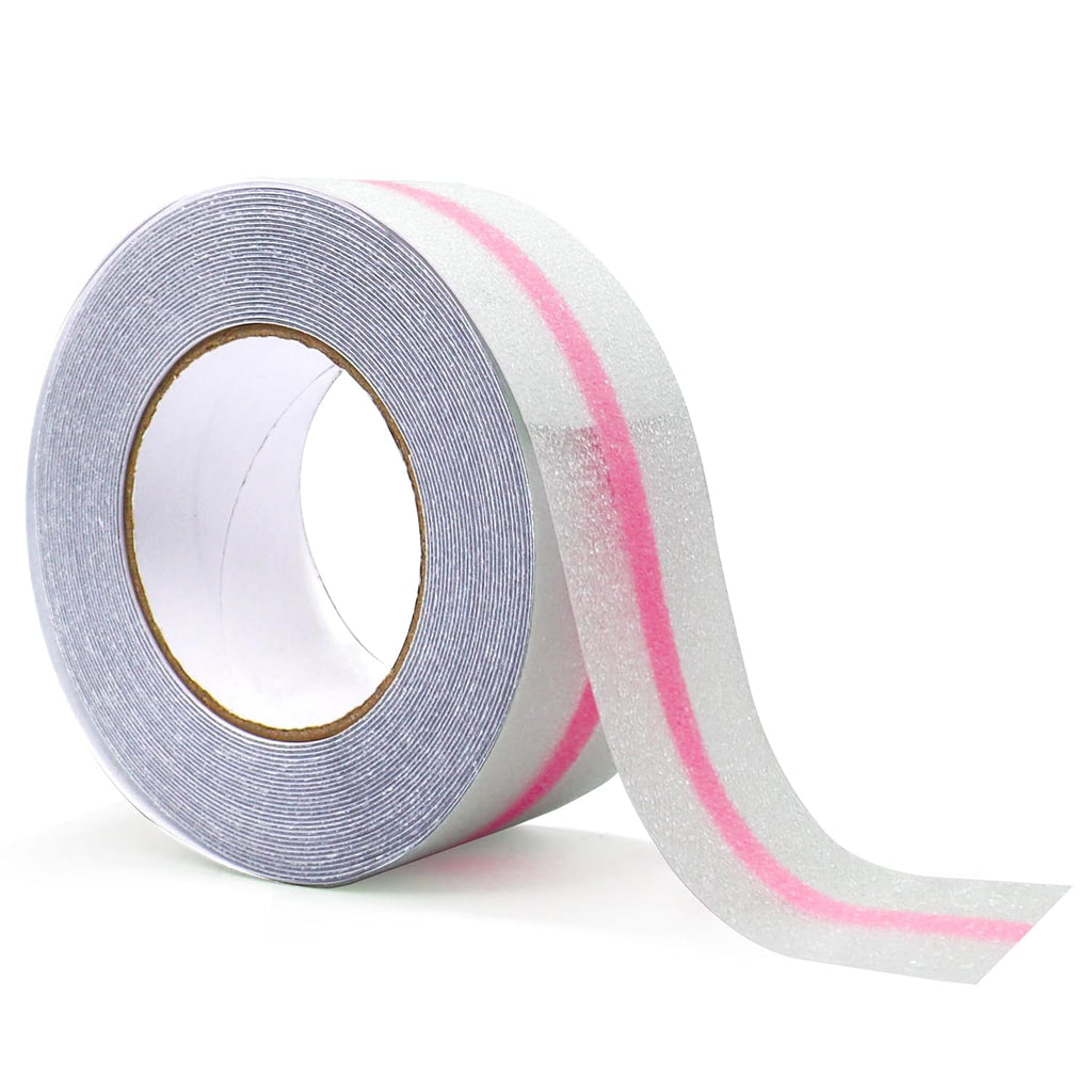 Anti Slip Tape, Clear Glow in The Dark Traction Grip Tape, 2 Inch x 32.8ft Waterproof Indoor/Outdoor, Non Slip Stair Treads Safety Tape(Clear with a line of Glow,Pink, 2" Width)