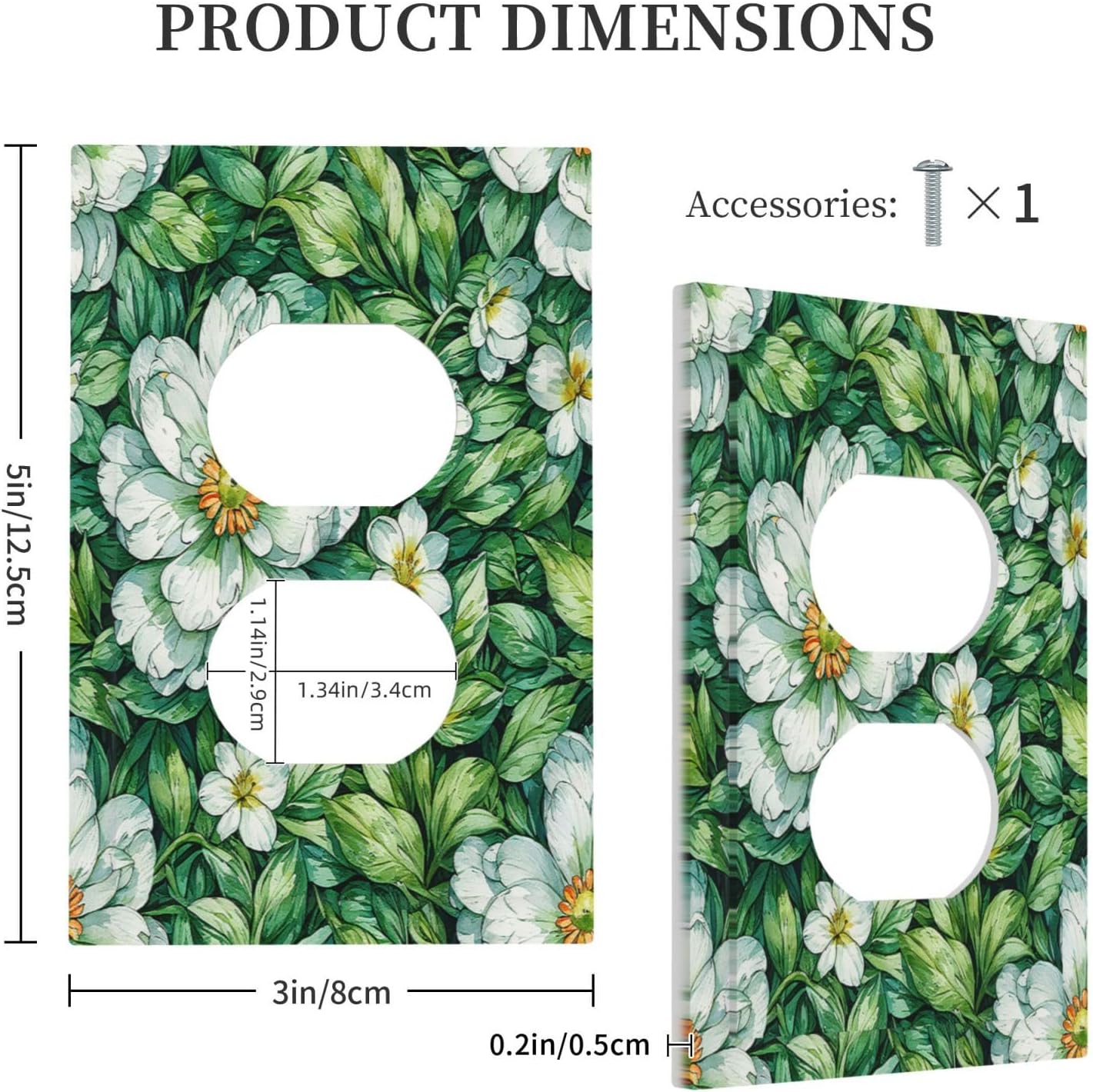 Vintage Floral White Flowers Green Plants Leaves Outlet Covers 1 Gang Duplex Light Switch Cover Wall Plate Decorative Switch Plates Electrical Receptacle Faceplate for Bedroom Bathroom Decor