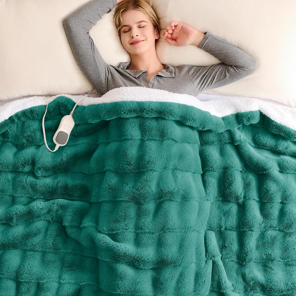 Homemate Heated Blanket Electric Throw - 50"x60" Heating Blanket Throw 1/2/4/6/8 Hours Auto-Off 10 Heat Levels Over-Heat Protection Luxury 800 GSM Faux Fur 200 GSM Sherpa ETL Certification