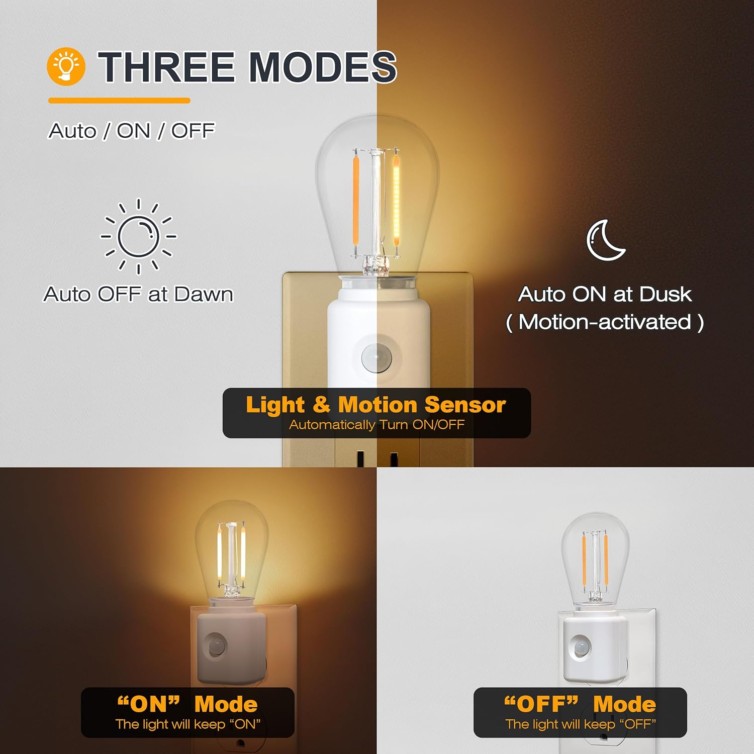 Warm Night Lights Plug into Wall Motion Sensor, 1W 2700K, LED Night Light, 10-100LM Adjustable Brightness, Automatic Night Light for Kids, Bathroom, Hallway, 1-Pack