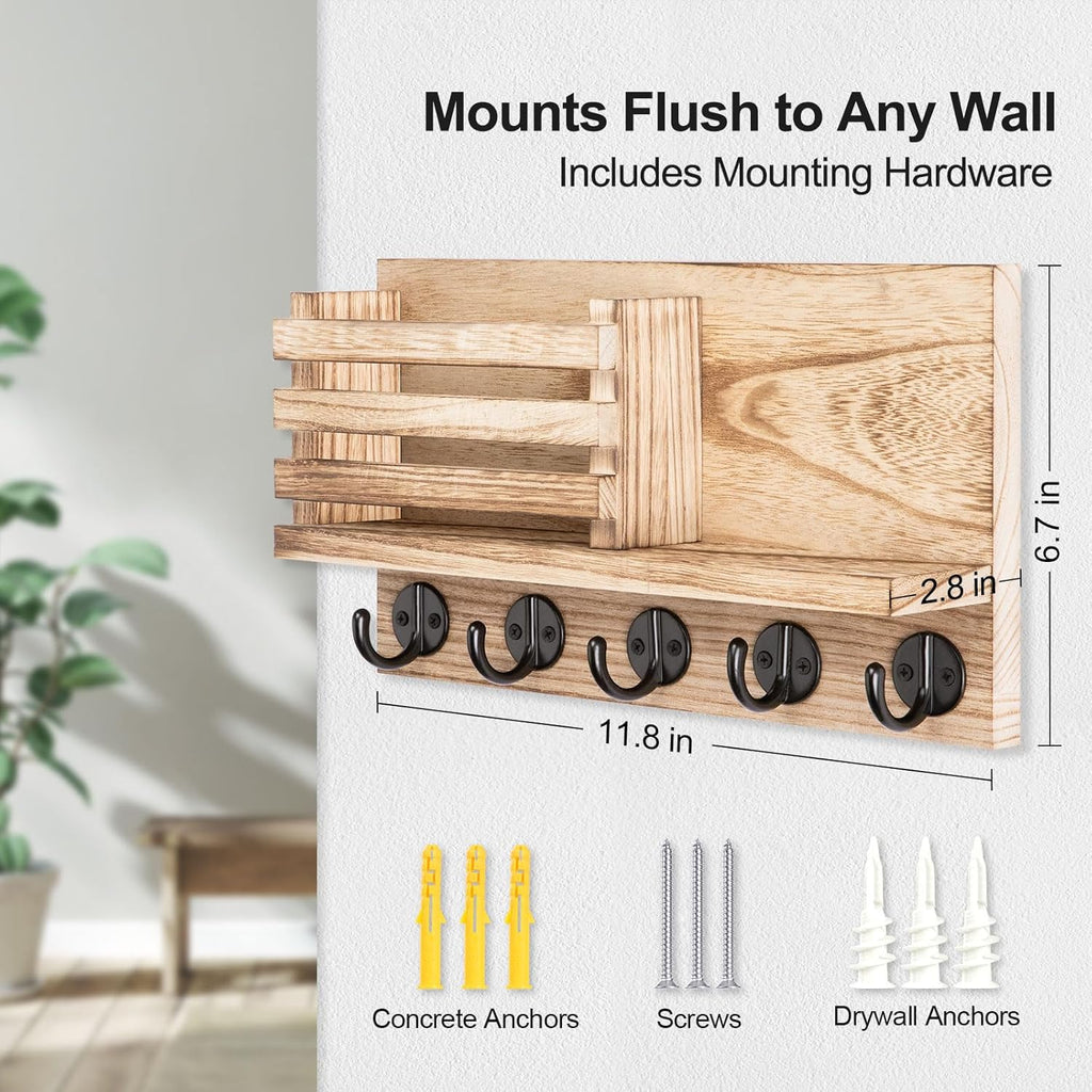 Key Holder for Wall – Decorative Wooden Mail Holder and Key Shelf with Mounting Hardware, Installation Guide – Paulownia Wood with 5 Metal Key Hooks (11.8” x 6.7” x 2.8”)