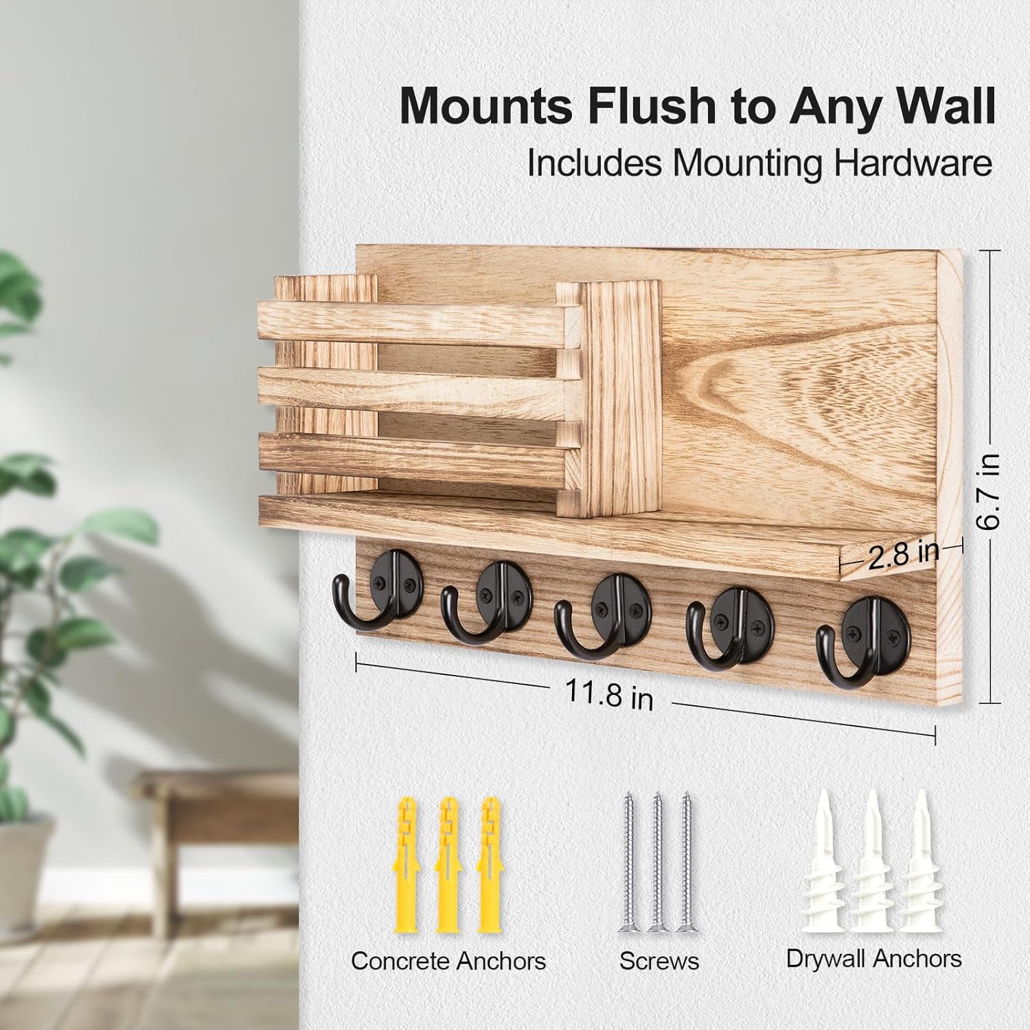 Key Holder for Wall – Decorative Wooden Mail Holder and Key Shelf with Mounting Hardware, Installation Guide – Paulownia Wood with 5 Metal Key Hooks (11.8” x 6.7” x 2.8”)