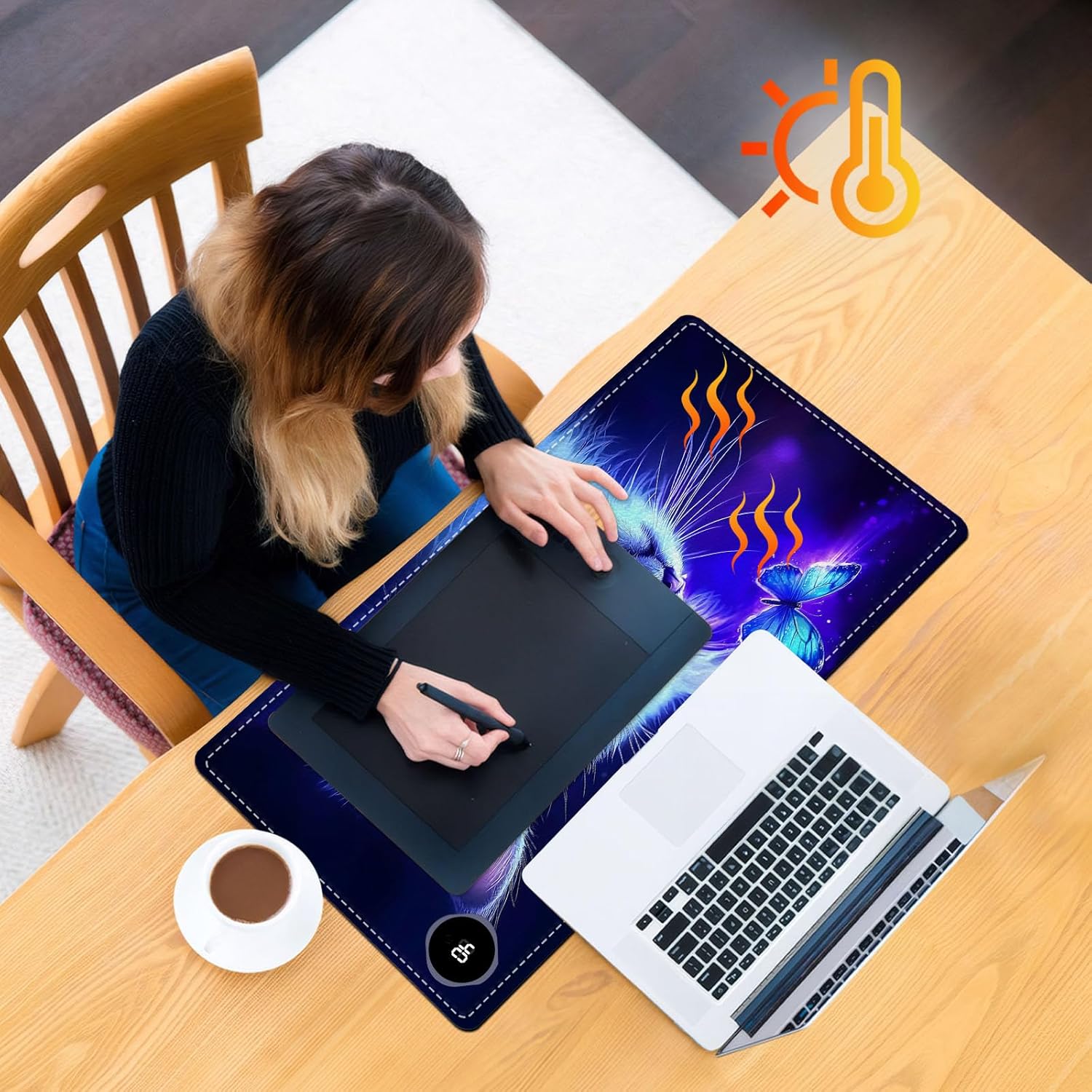 Heated Mouse Pad, Warm Desk Pad, Keyboard Mat 23.6 x 14 Inch Large Size Intelligent Fast Heating, 3 Speed Adjustable, Timed Auto Power Off for Game Office Home, Blue Cat Butterfly