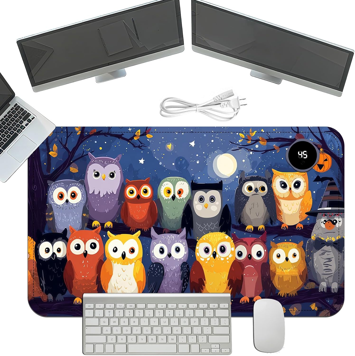 Heated Mouse Pad with 3 Temperature Settings(104°F–122°F),Large 24x14.2 Inch PU Leather Heated Desk Mat,Waterproof Warming Pad for Office,Gaming & Cold Hands Relief,Colorful Night Owls