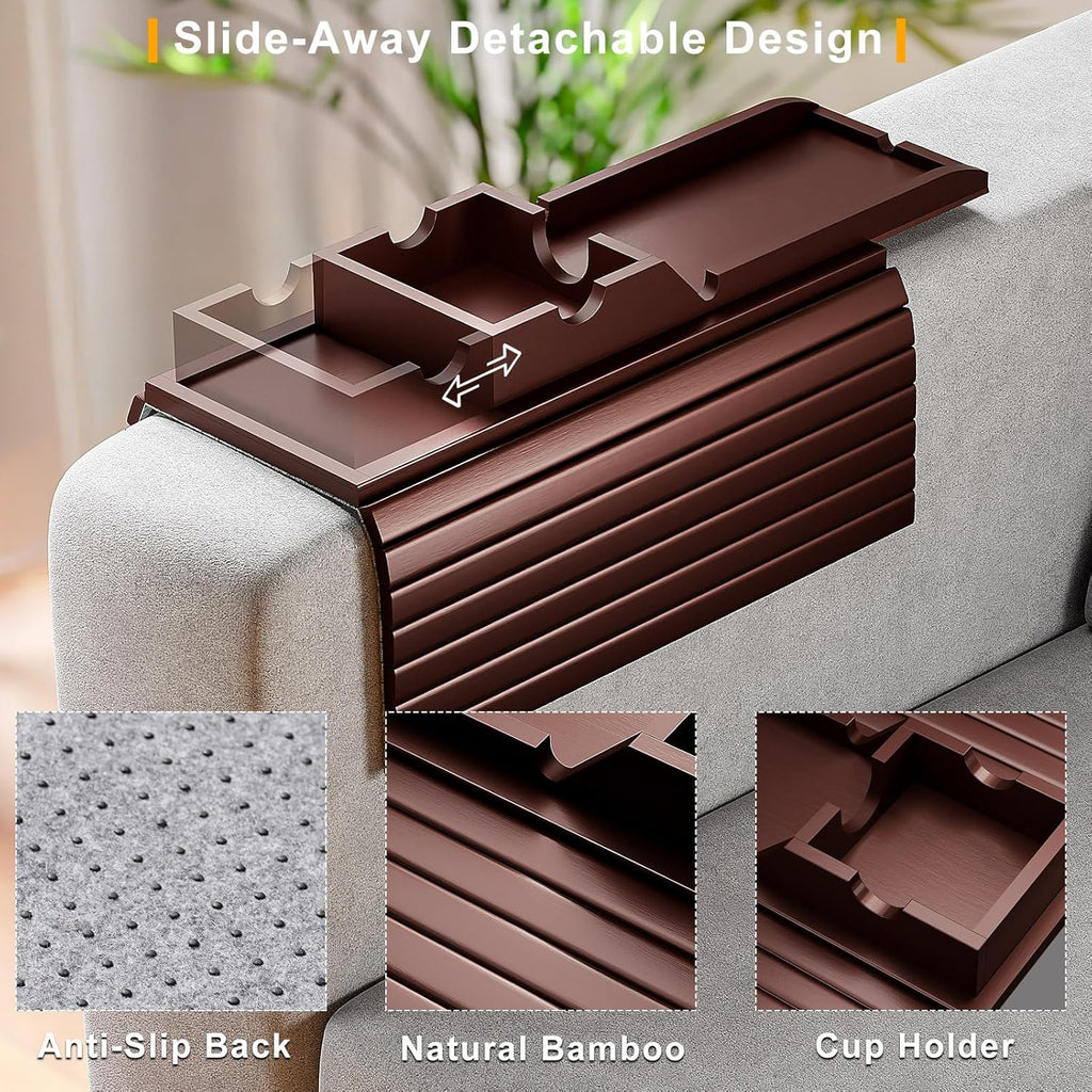 Bamboo Couch Armrest Table, Sofa Arm Tray with Detachable Couch Cup Holder- 2 in 1 Anti-Slip Foldable Sofa Armchair Caddy Table for Drinks Cellphone TV Remote Snacks (Walnut)