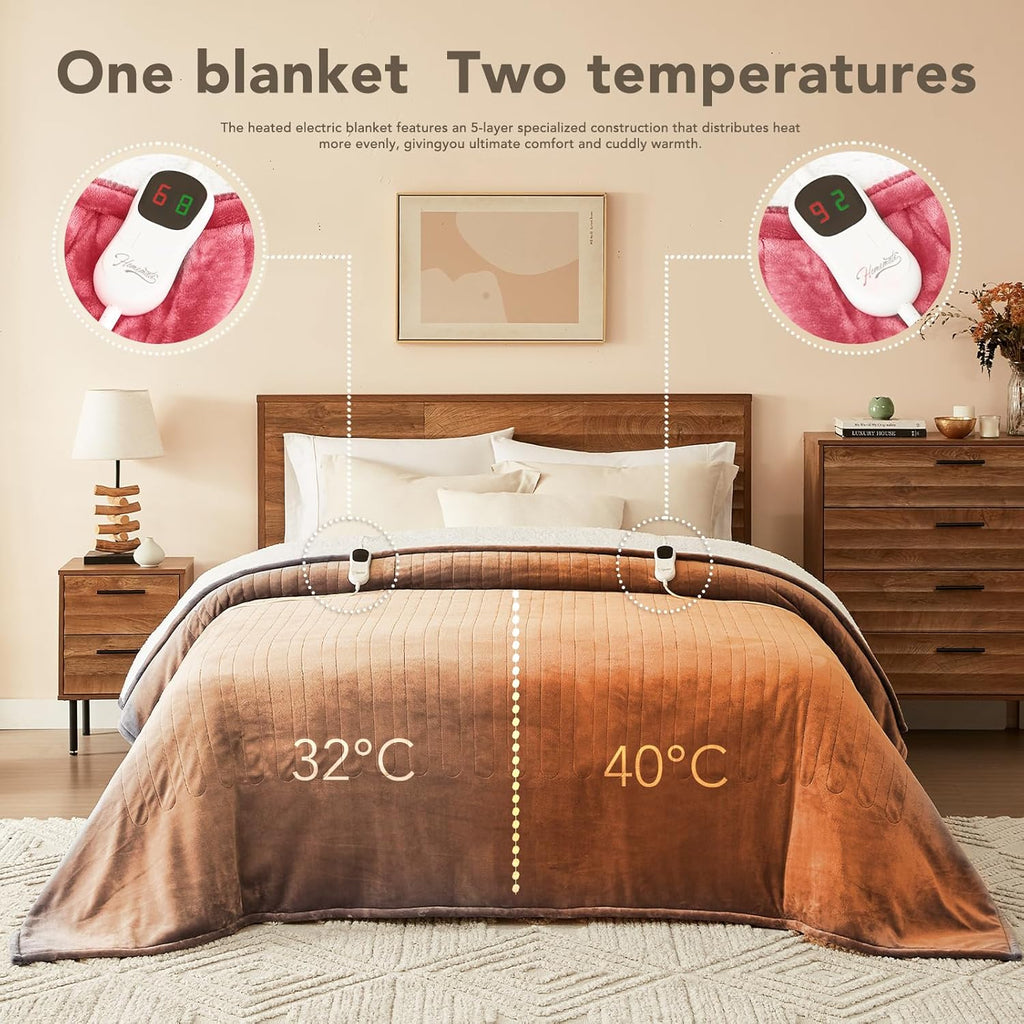 Homemate Electric Heated Blanket Queen - 84"x90" Heating Bed Blankets Throw with 10 Heating Levels 8 Hours Auto Off Fast Heating Over-Heated Protection Ultra Soft Warm Flannel ETL Certified