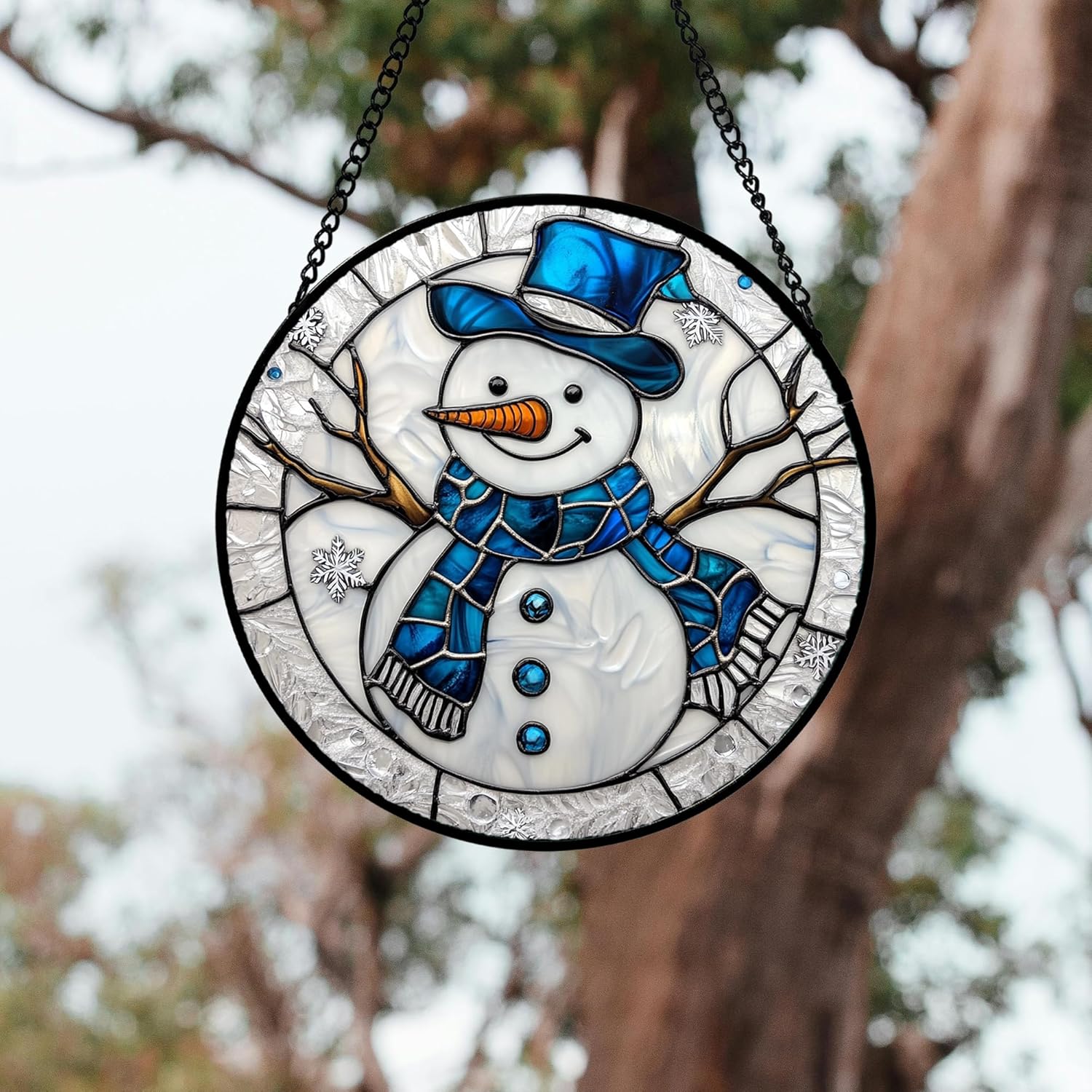 Stained Glass Window Hanging 4 Pcs Set White Winter Christmas Snow Scene Large 11.8" - Suncatcher Door Garden Sun Catcher Decor Birthday for Mom Woman Nana Men Friend Wife