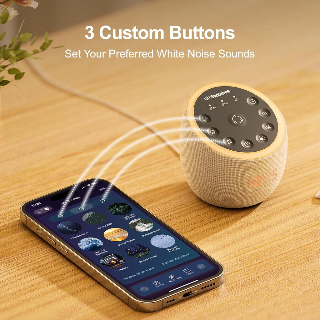 White Noise Sound Machine for Sleeping, 388 Soothing Sounds, Smart APP Control, Custom Buttons, Non Looping Natural Sounds, Bedside Dimmable Clock, Night Light, Santebee for Adults Baby Kids Lullaby