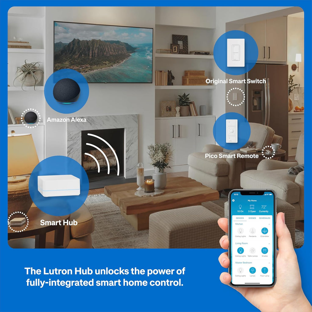 Lutron Caseta Original Smart Light Switch Kit w/ Wall Plate and Smart Hub, Compatible w/ Alexa, Apple Home, Google Home, Single-Pole/3 Way, 5 Amp, P-BDG-PKG1WS