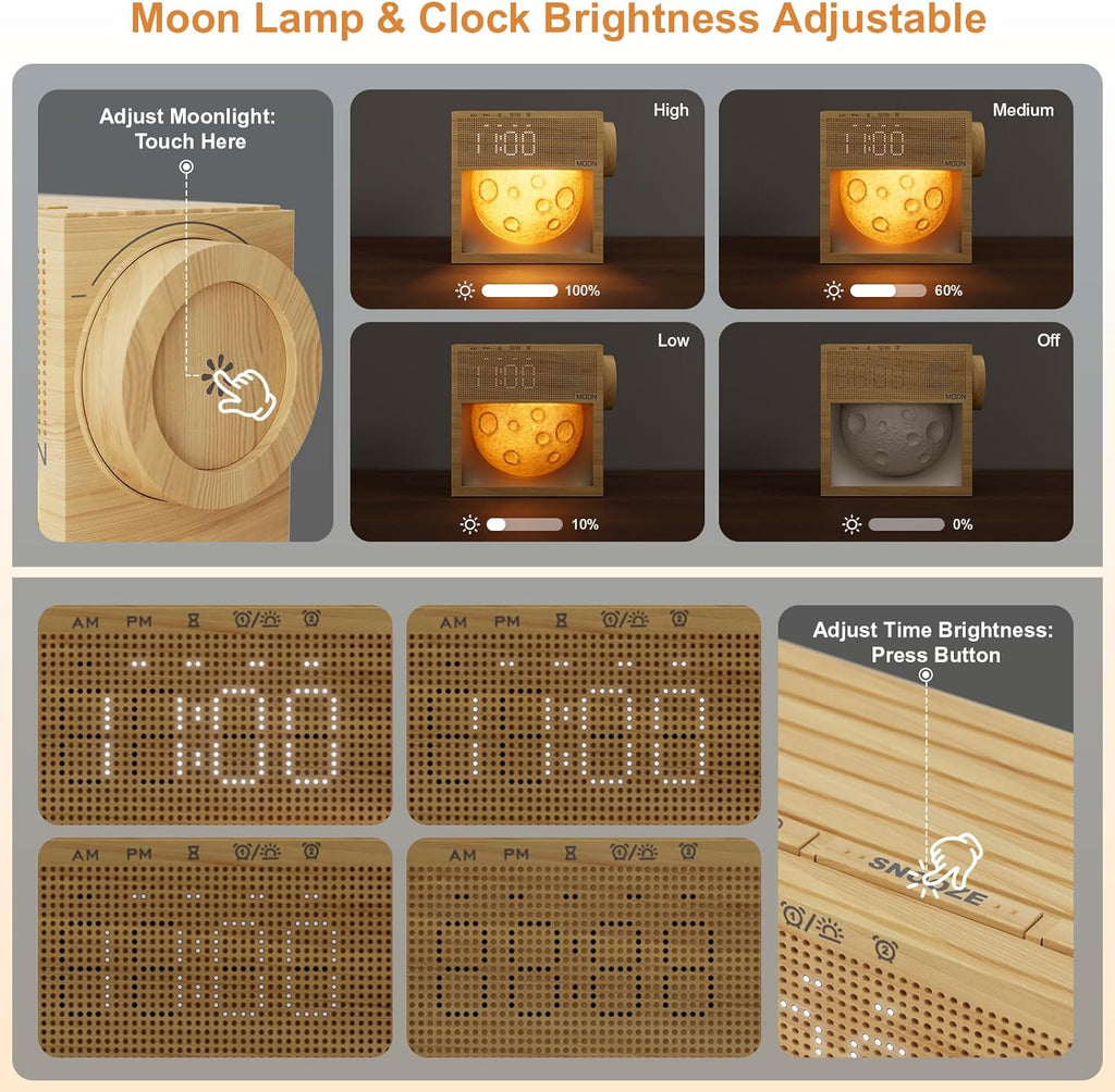 Sunrise Alarm Clock, Sound Machine & Gentle Wake-Up Light, Dual Alarms 20 Natural White Noise Machine for Heavy Sleepers Adults, Snooze, Timer, Dimmable Bedroom Bedside Moon Lamp, Better Sleep Gifts