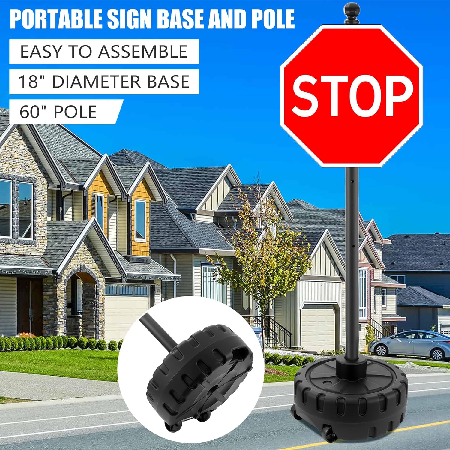 Portable Sign Post and Base Kit, 5 ft Heavy Duty Cast Iron Sign Pole with Hard Plastic Wheeled Base, Movable Signs Stand Easy to Use Portable Sign Holder for Traffic, Parking, and Safety Signs 2 Pack