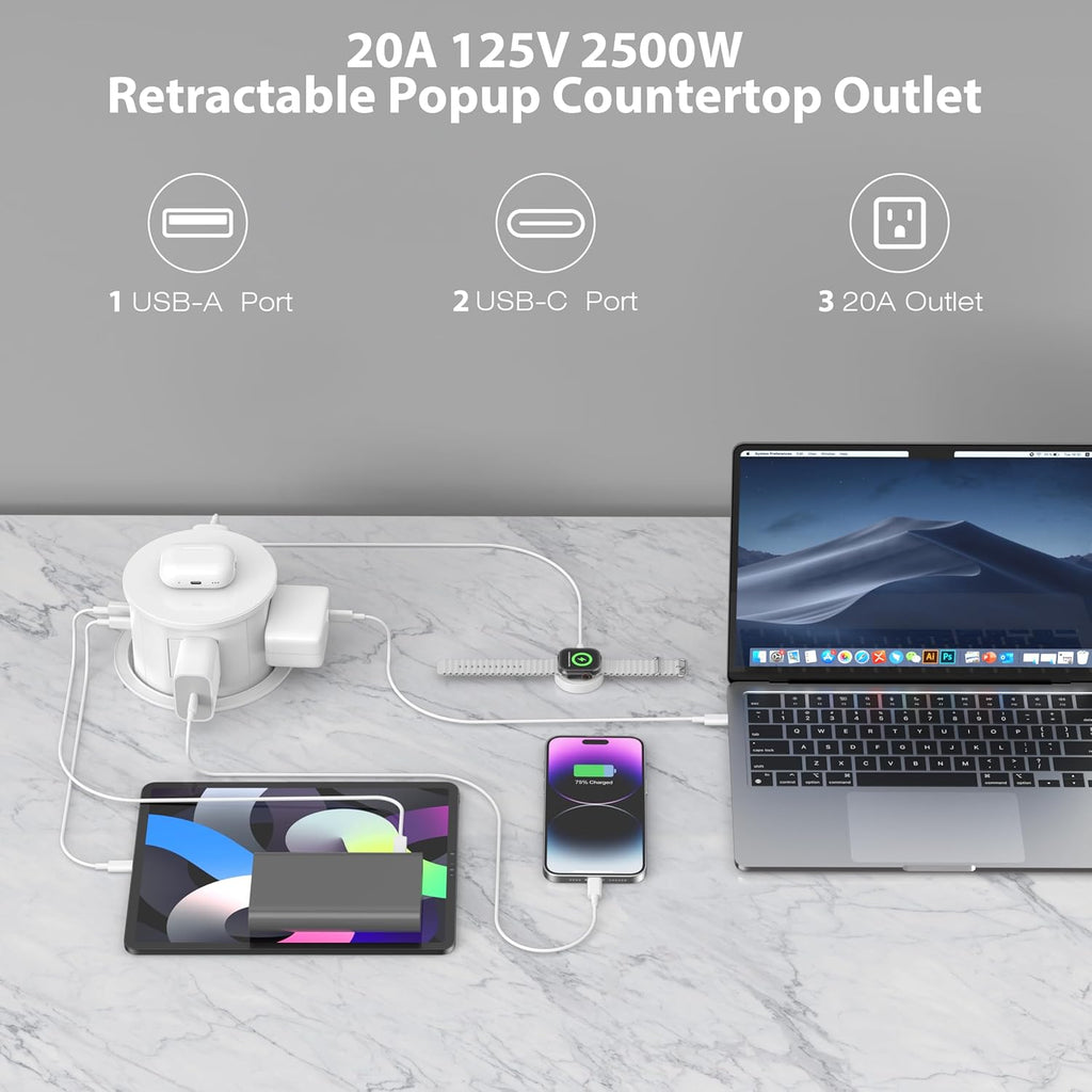 ANNQUAN 20 Amp Pop Up Countertop Outlet with 15W Wireless Charger,Max 65W Power Delivery,4.75" Pop Up Electrical Outlet with 3 Outlets 3 USB Ports for Home Office