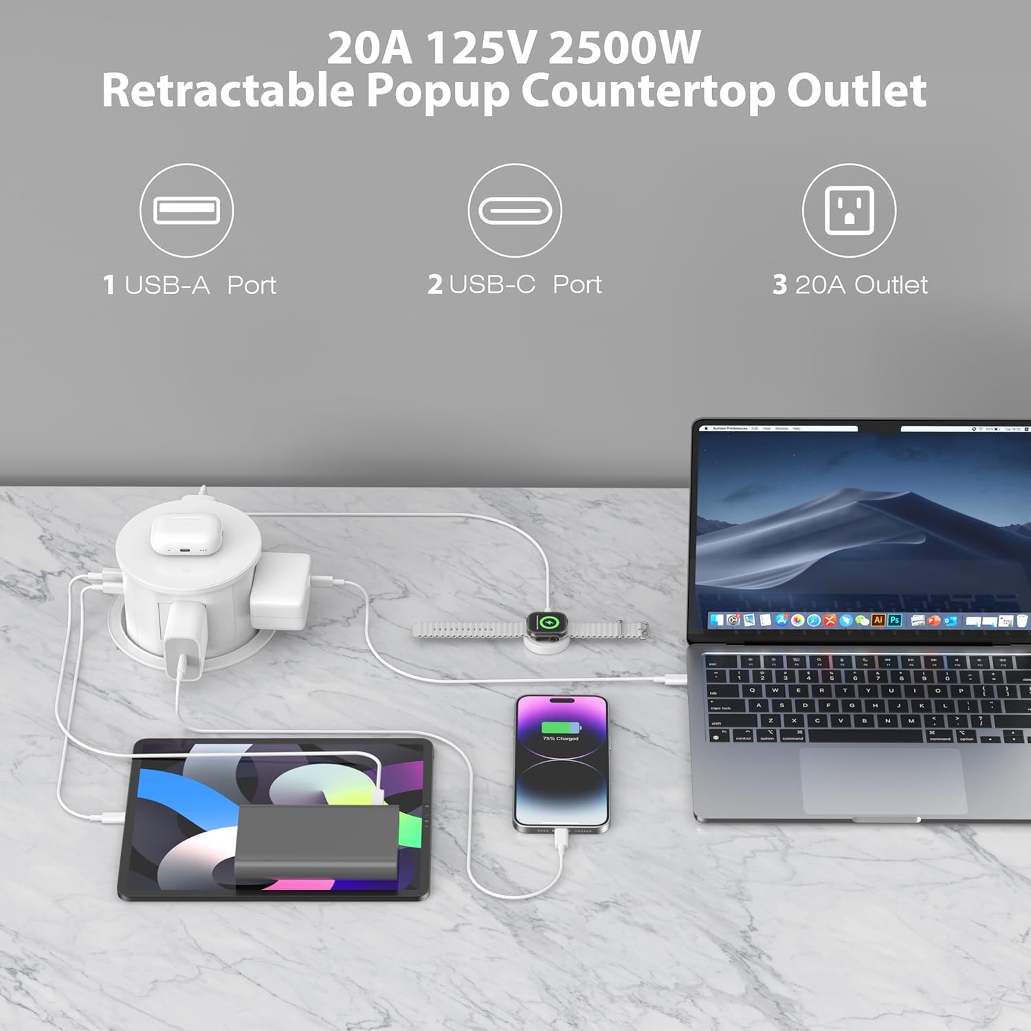 ANNQUAN 20 Amp Pop Up Countertop Outlet with 15W Wireless Charger,Max 65W Power Delivery,4.75" Pop Up Electrical Outlet with 3 Outlets 3 USB Ports for Home Office