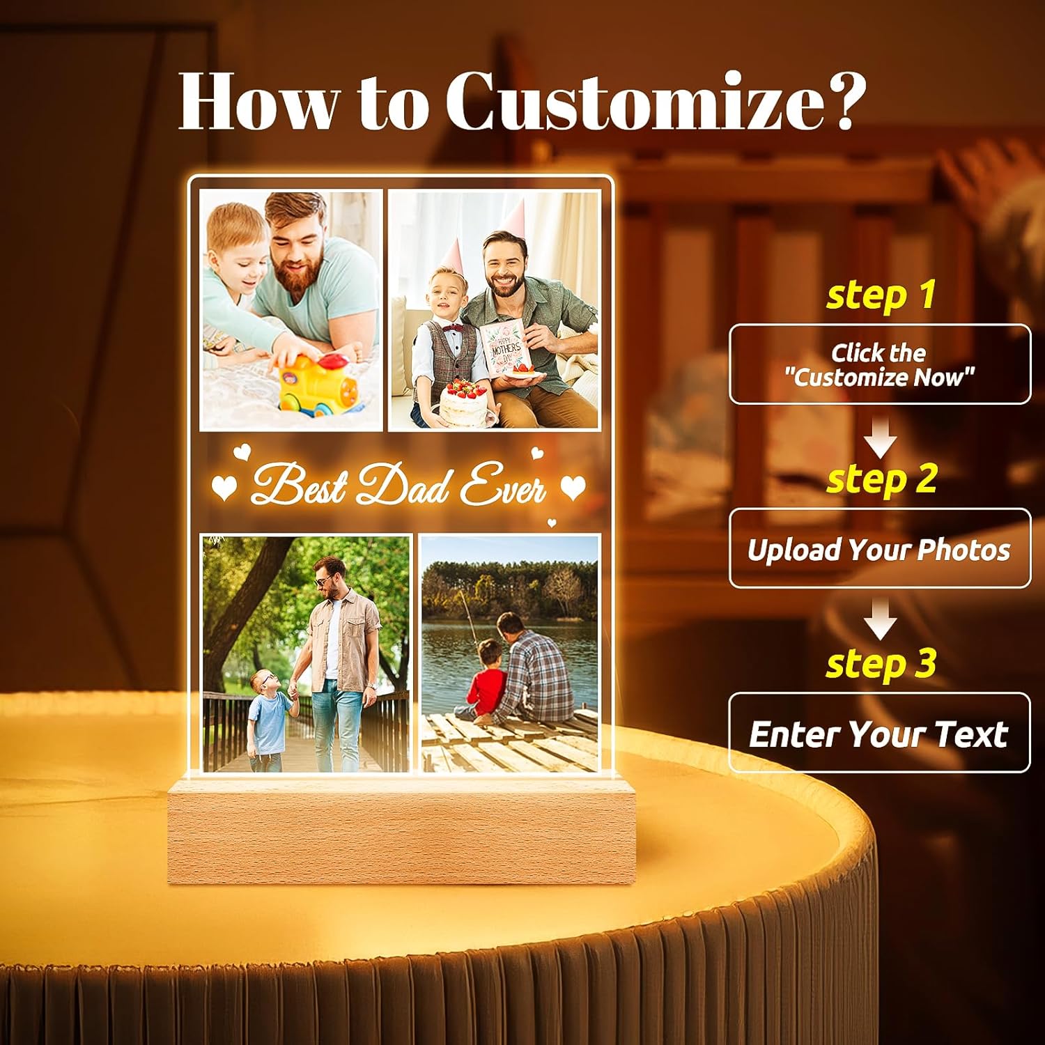 Best Dad Ever Gifts, Custom Collage Picture Frames with Night Light, Personalized Photo Frame, Customized Picture Frame with Photo, Personalized Birthday Gifts for Dad Baby Kids Family