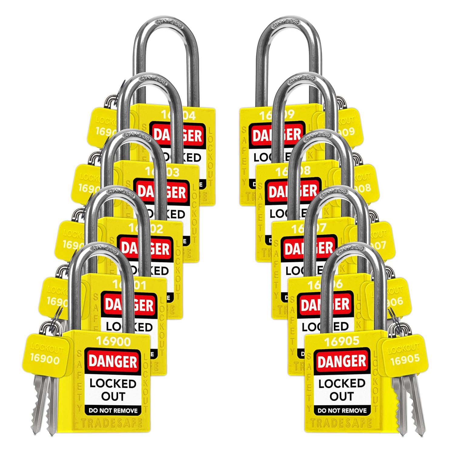 TRADESAFE Lockout Tagout Locks Set - 10 Yellow Loto Locks, Lockout Locks Keyed Different, 2 Keys Per Lock, OSHA Compliant Lock Out Tag Out Padlocks, Safety Padlocks for Electrical Lockout Tag Out Kits