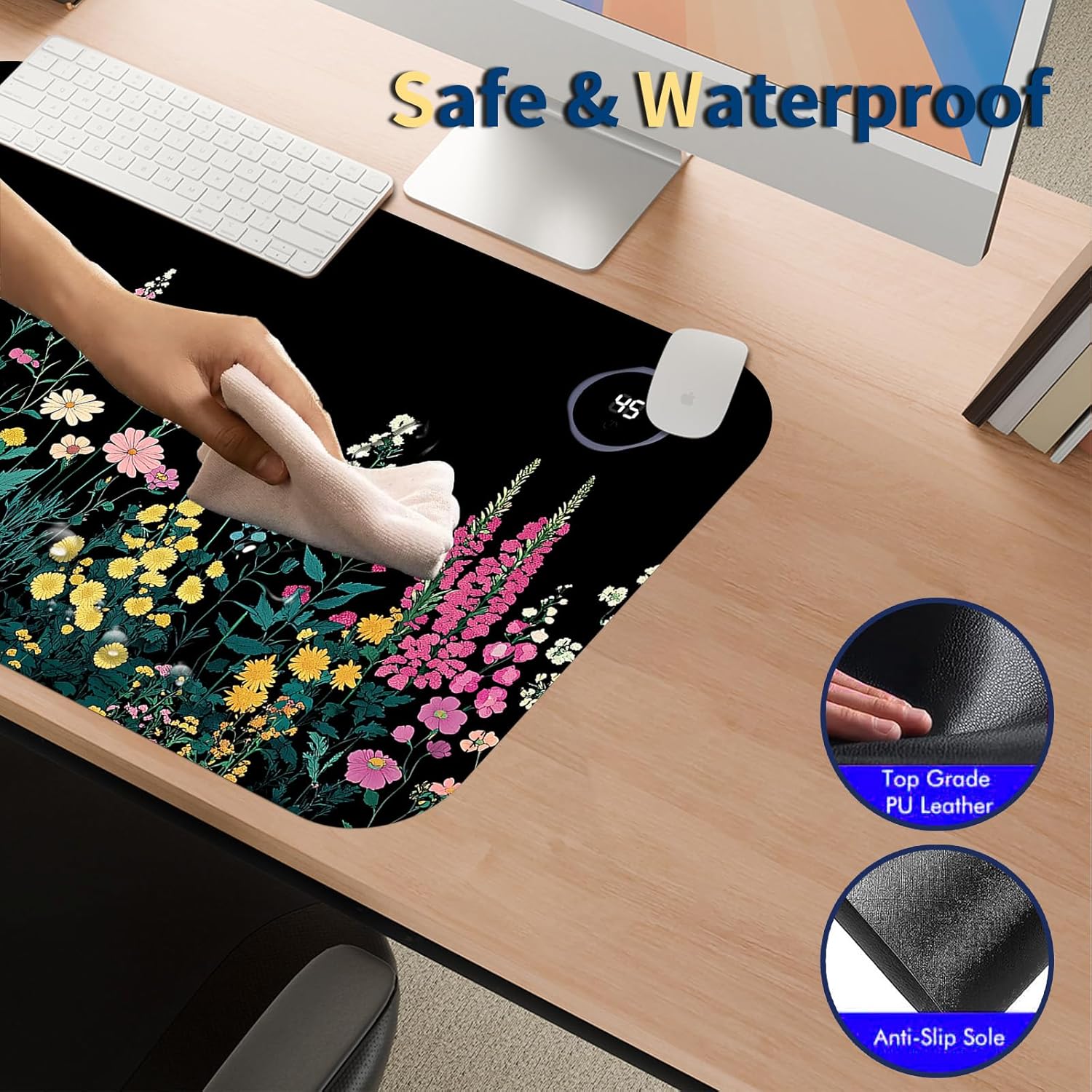 Heated Mouse Pad with 3 Temperature Settings(104°F–122°F),Large 24x14.2 Inch PU Leather Heated Desk Mat,Waterproof Warming Pad for Office,Gaming & Cold Hands Relief,Garden Flowers
