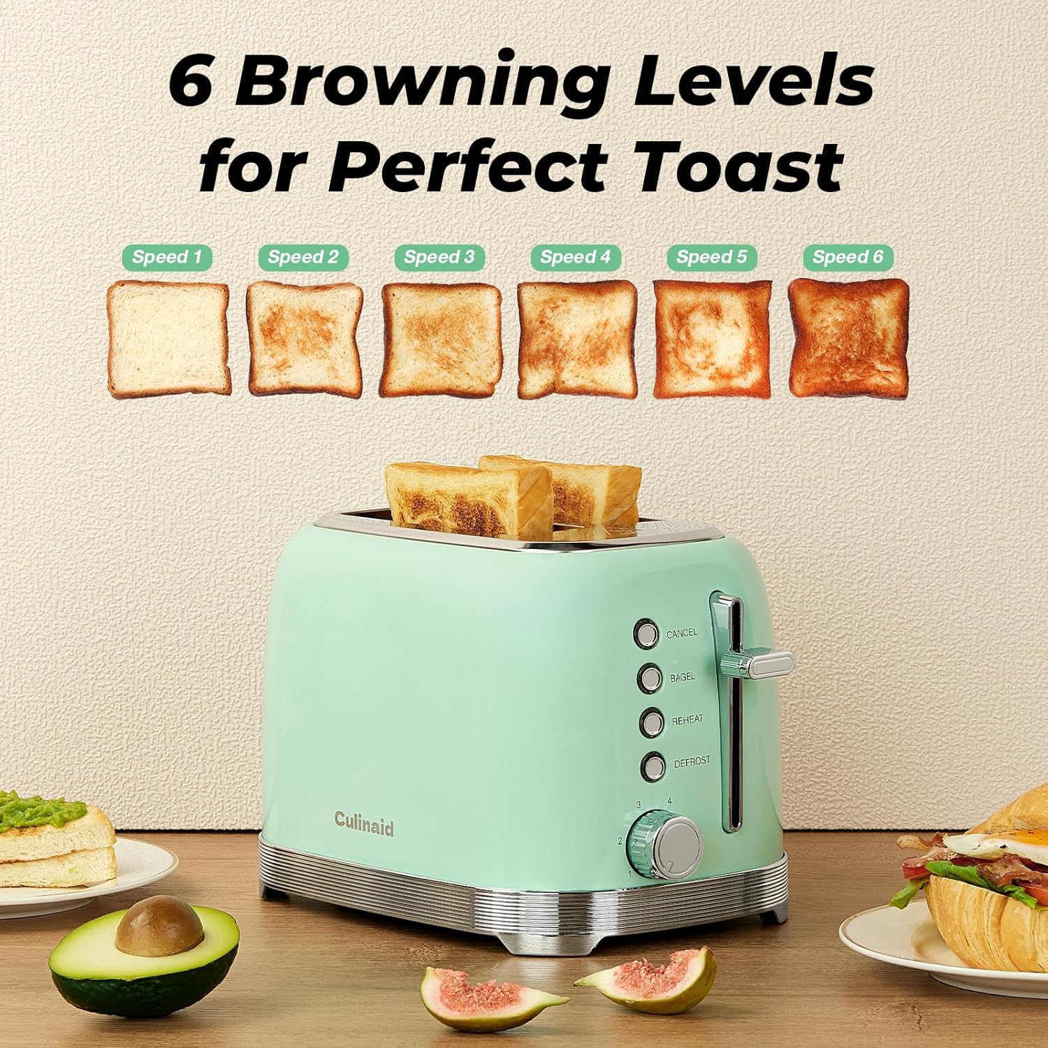 Toaster 2 Slice Retro Stainless Steel with 1.5” Extra Wide Slots Bagel, Defrost, Reheat, Cancel Functions, 6 Bread Shade Settings, Removable Crumb Tray, Aqua Green