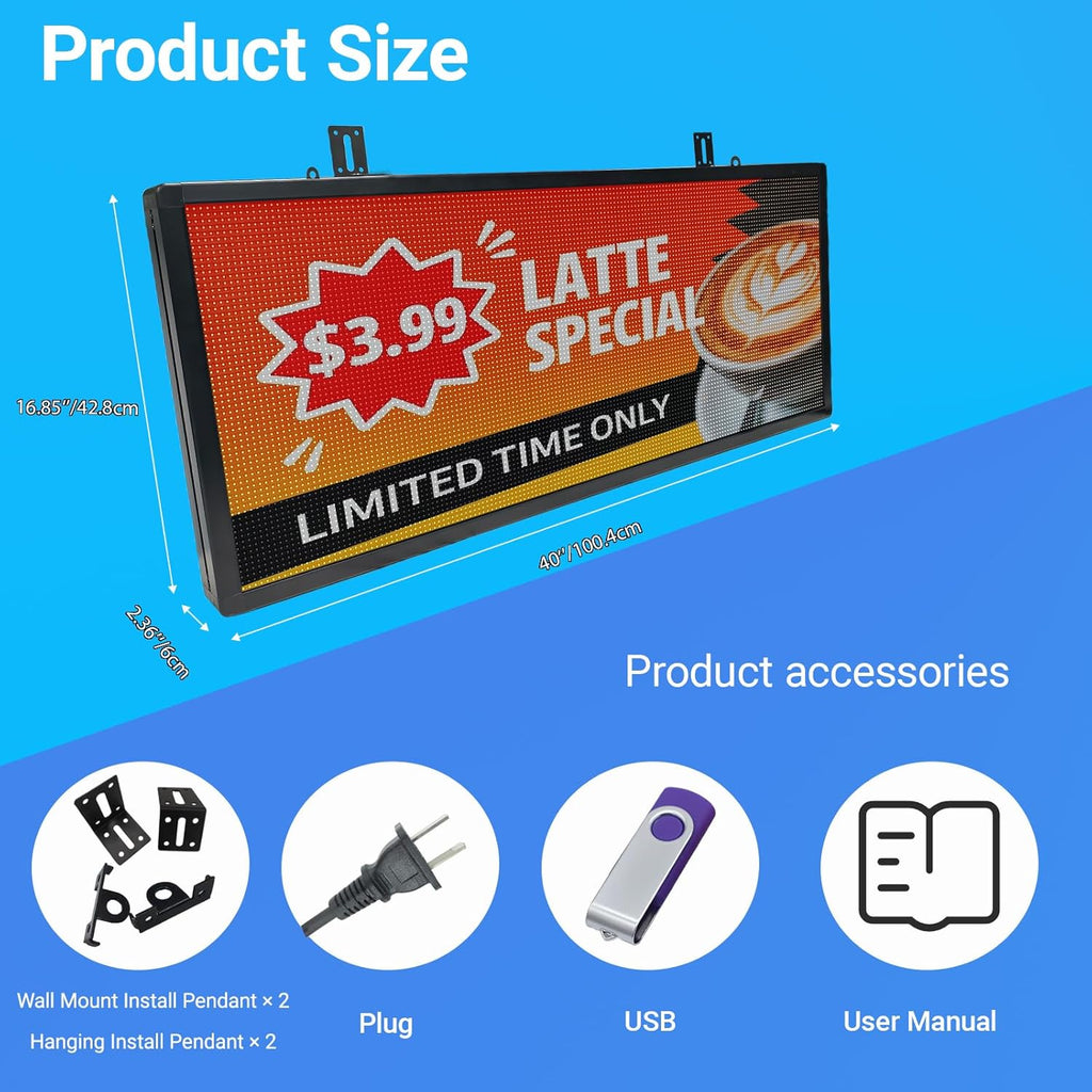 P6 Programmable LED Sign 40"x17", Outdoor Waterproof Digital Message Board with WIFI Control, Custom Text/Image/Video for Business Advertising