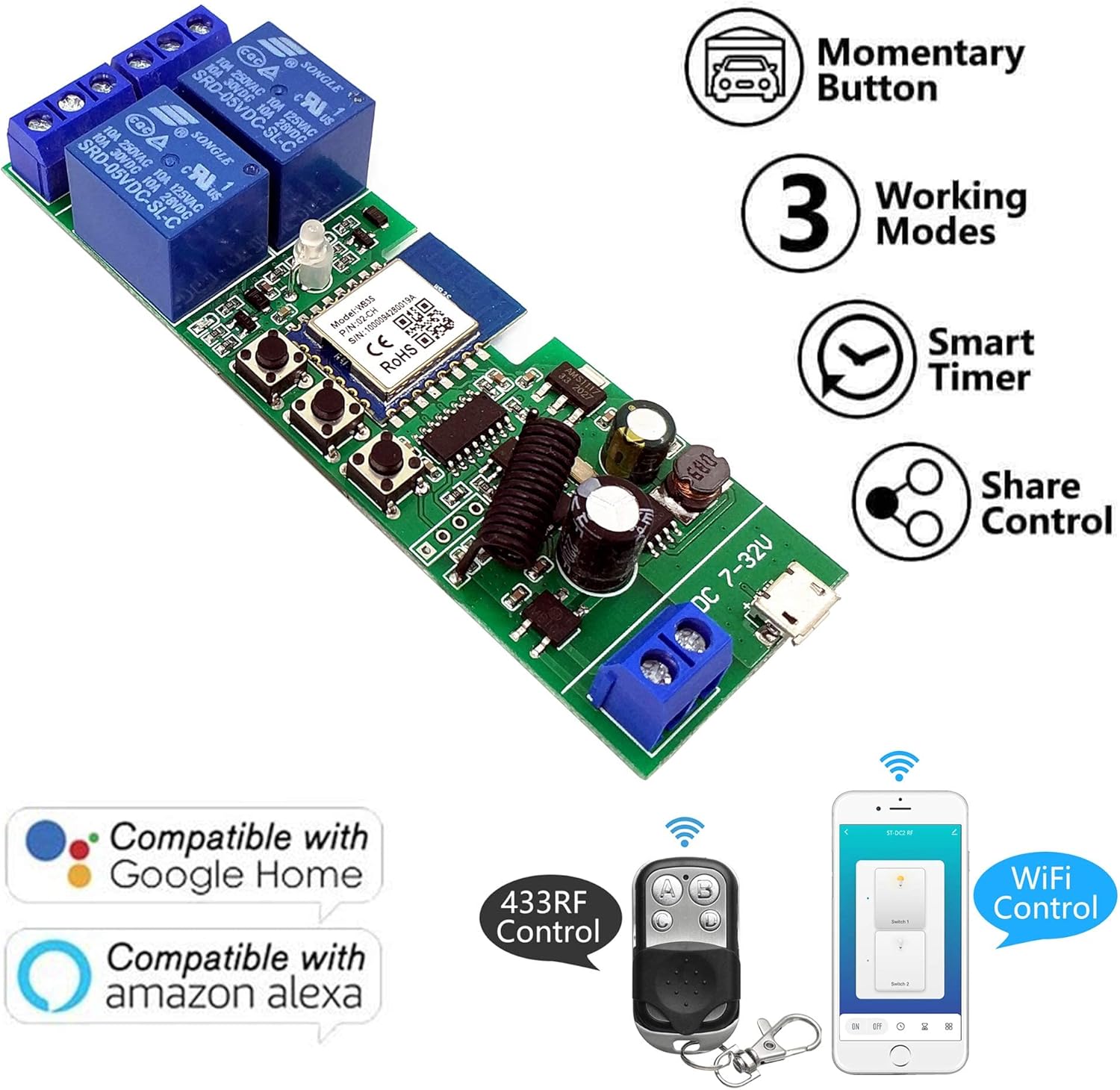 2 channelsWiFi Wireless Smart Switch Inching Self-locking Relay Module, be applied to access control Tuya SmartLife APP,DIY WIFI Garage Door Opener With 433 MHz RF remote control