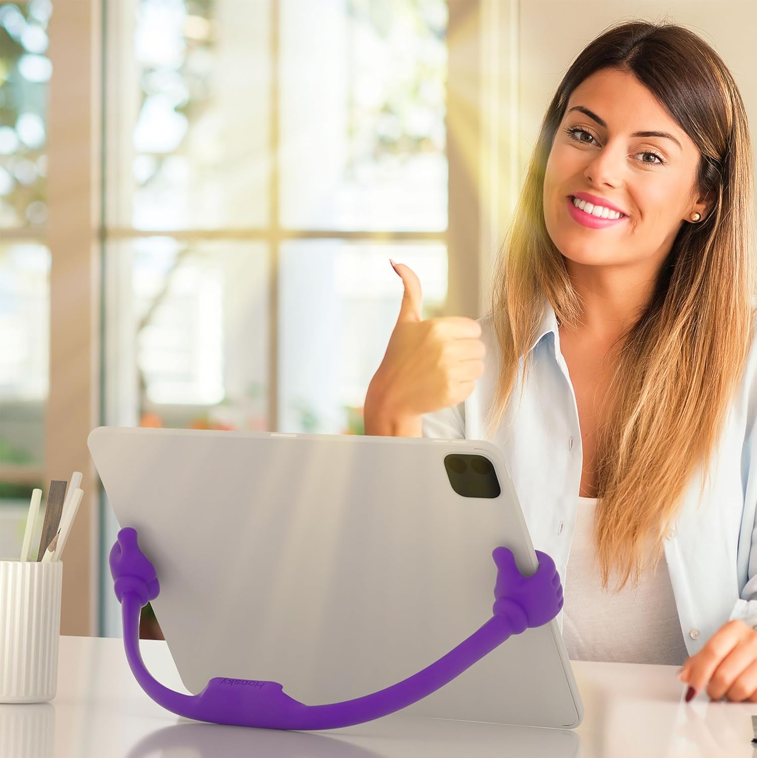Honsky Adjustable Tablet Stand, Portable Phone Holder for Desk Bed - Multi-Angle Drawing Stand Compatible with All Tablets (Purple & Yellow)
