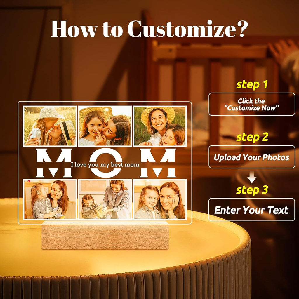 Personalized Birthday Gifts for Mom from Daughter Son, Custom Collage Picture Frames with Photos, Customized Photo Frame with Night Light, Personalized Gifts for Mom Kids Baby Family