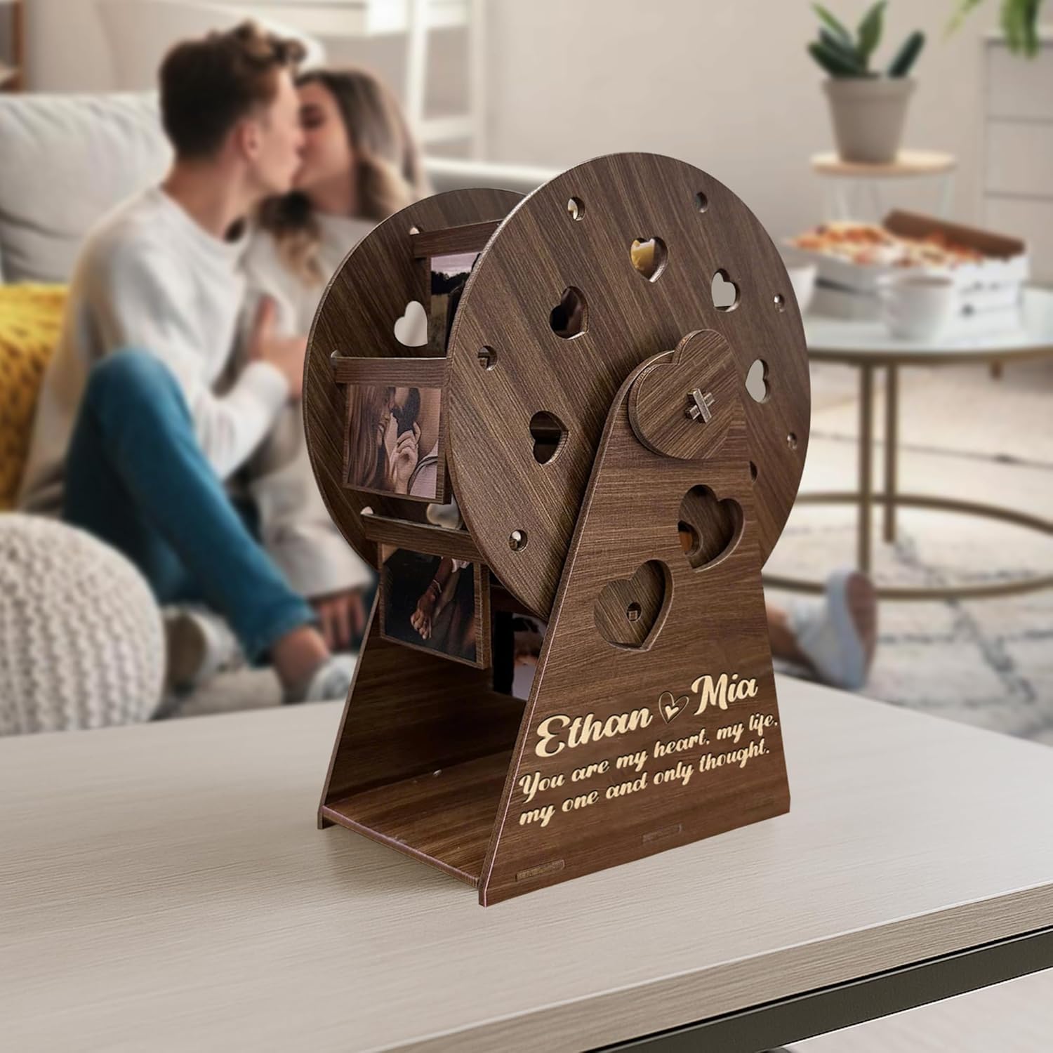 Custom Wooden Ferris Wheel Photo Couple Gift, Personalized Valentine Love Display for Couples Newlyweds Husband Wife, Romantic Wooden Spinning Photo Holder Anniversary Wedding Keepsake