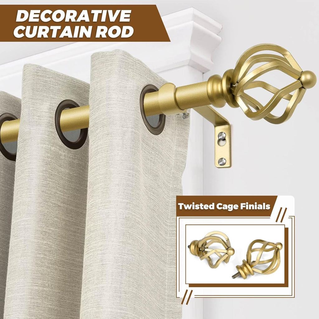 KAMANINA Curtain Rods for Windows 66 to 120 Inch, 3/4 Inch Gold Curtain Rod 32 to 115 Inches (2.6-9.6ft) Splicing Adjustable Single Drapery Rod with Twisted Cage End