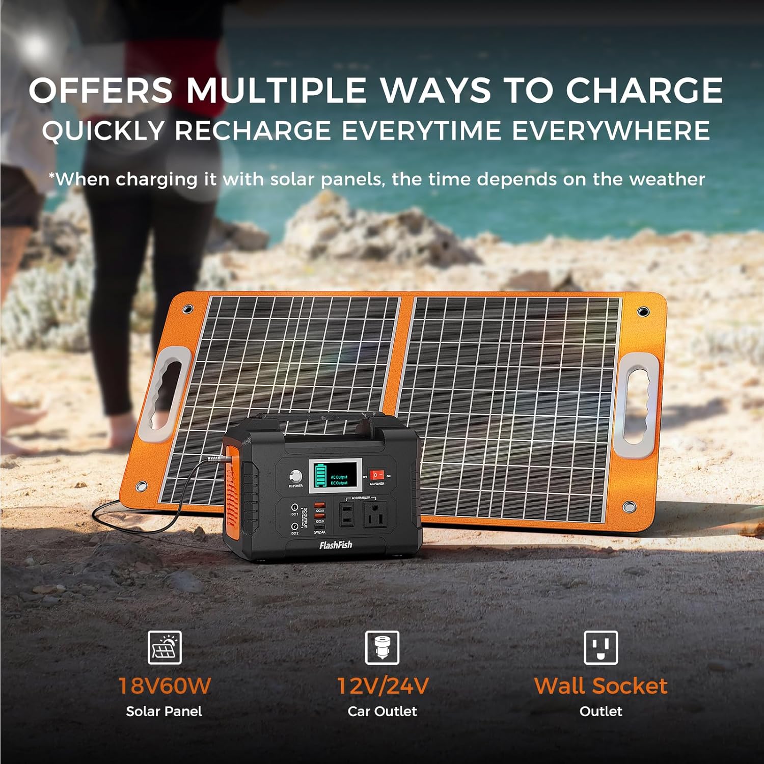 Portable Power Station 200W, FF Flashfish 40800mAh Backup Power Battery Pack With 110V AC Outlets/2 DC Ports/3 USB Ports, Solar Generator Power Supply For Home Backup, Power Outages, and Camping