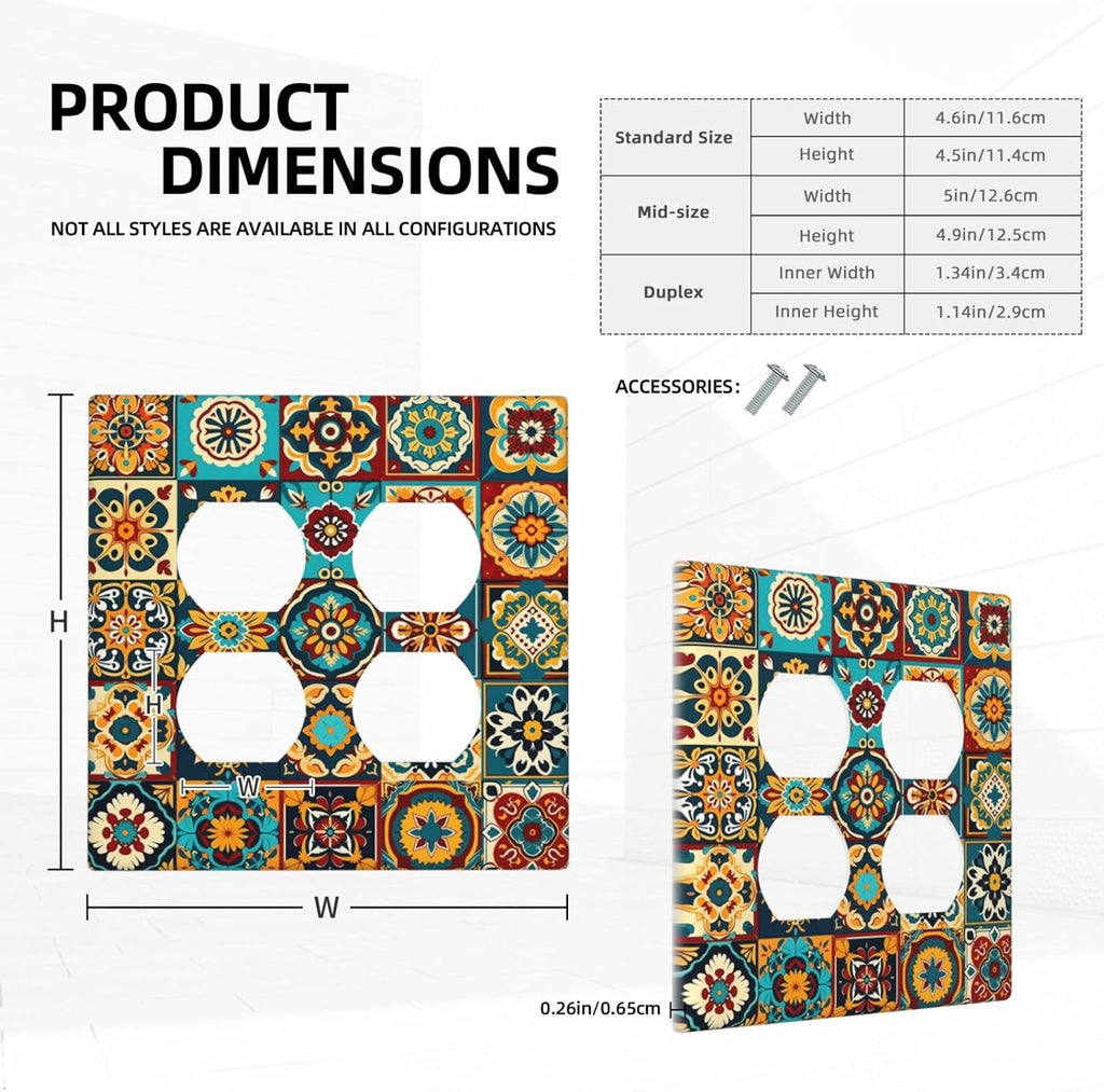 Mexican Talavera Ceramic Tile Moroccan Boho Outlet Covers 2 Gang Double Duplex Decorative Light Switch Covers Electrical Wallplates Socket Faceplate for Bathroom Kitchen Decor