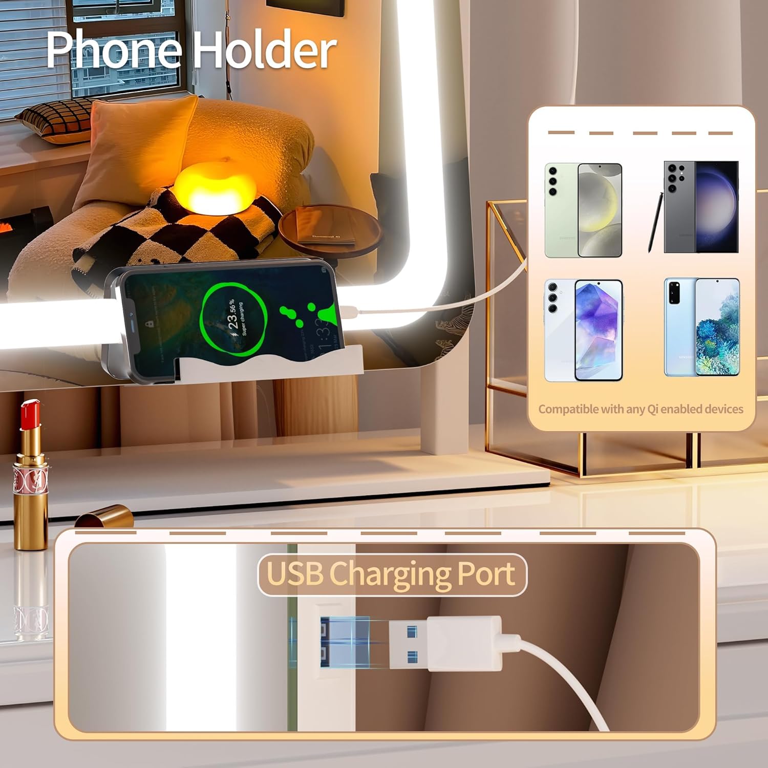Hasipu Vanity Mirror with Lights, 34.3" x 25.2" LED Makeup Mirror, Light up Mirror with 10X Magnification and Phone Holder, USB Charging Port, Smart Touch 3 Colors Dimmable (White)
