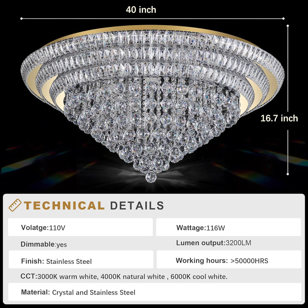 40" LED Crystal Raindrop Ceiling Light,Rose Gold, Large Elegant Semi Flush Mount Chandelier Light Fixture with Remote Control for Living Room Kitchen Bedroom Hallway Entryway Foyer(Dimmable)