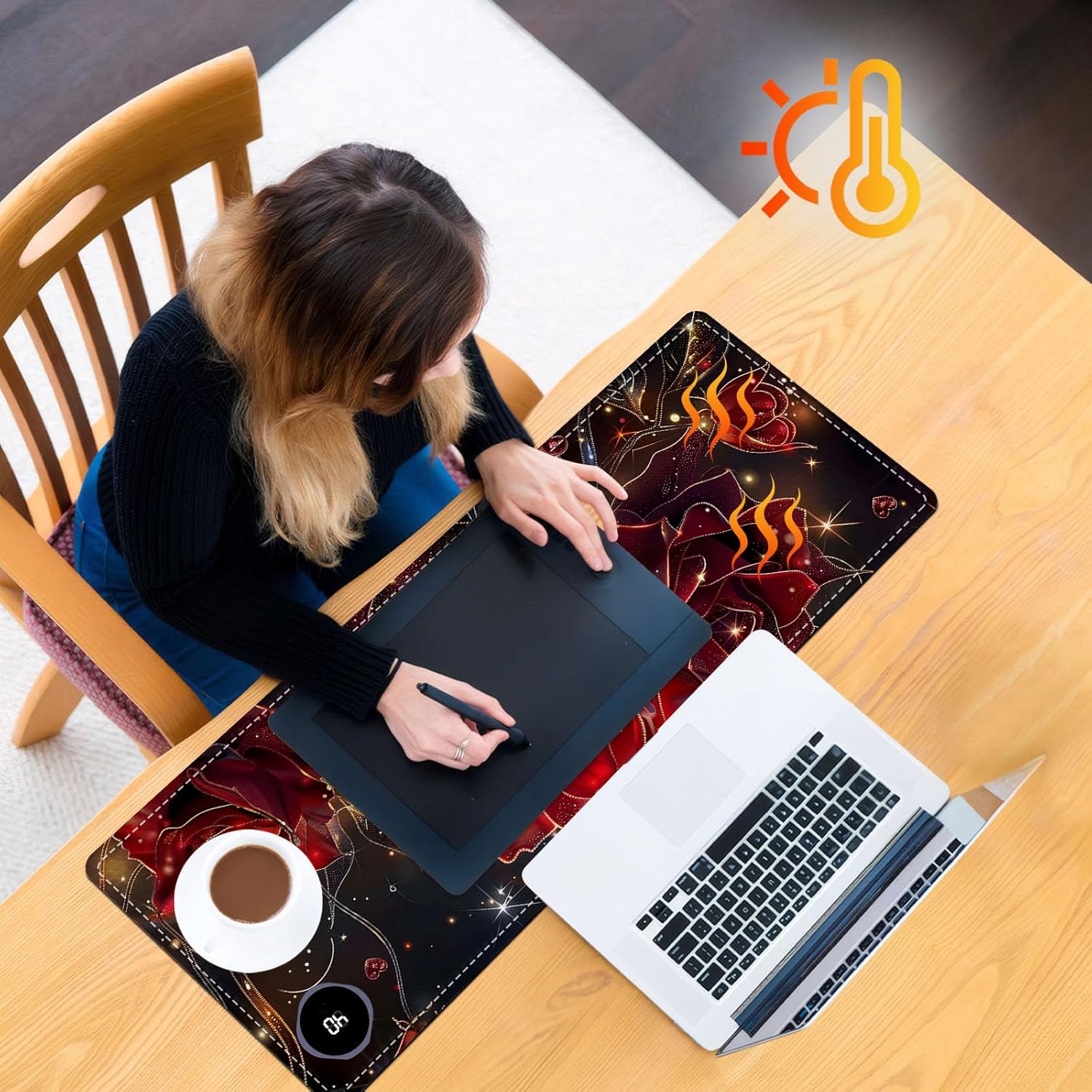 Heated Mouse Pad, Warm Desk Pad, Keyboard Mat 31.5 x 13 Inch Large Size Intelligent Fast Heating, 3 Speed Adjustable, Timed Auto Power Off for Game Office Home,Flowers Roses
