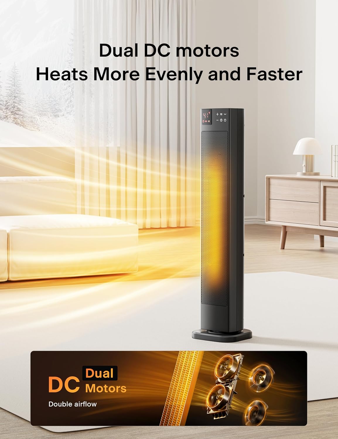 PELONIS 30” Ceramic Tower Space Heater with Adjustable Thermostat for Large Room, 75° Oscillation, Remote Control & 12H Timer, Tip-Over Switch & Overheating Protection, 1500W, PHF15RSAPH30, Black