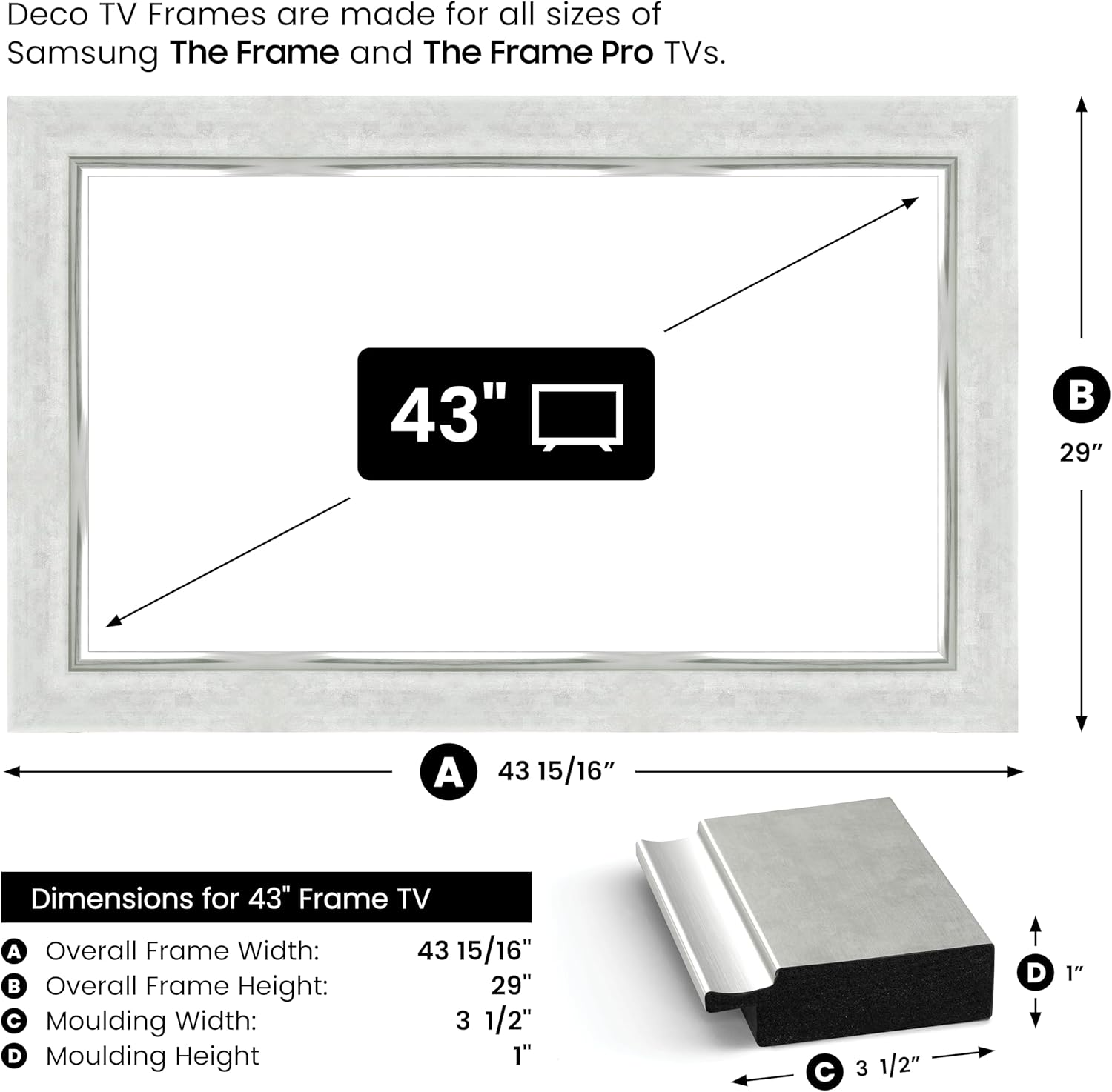 Contemporary Silver 43" Premiere Deco TV Frame - Compatible ONLY with Samsung The Frame TVs (Fits 2021-2025, LS03A, LS03B, LS03C, LS03D, LS03FA)