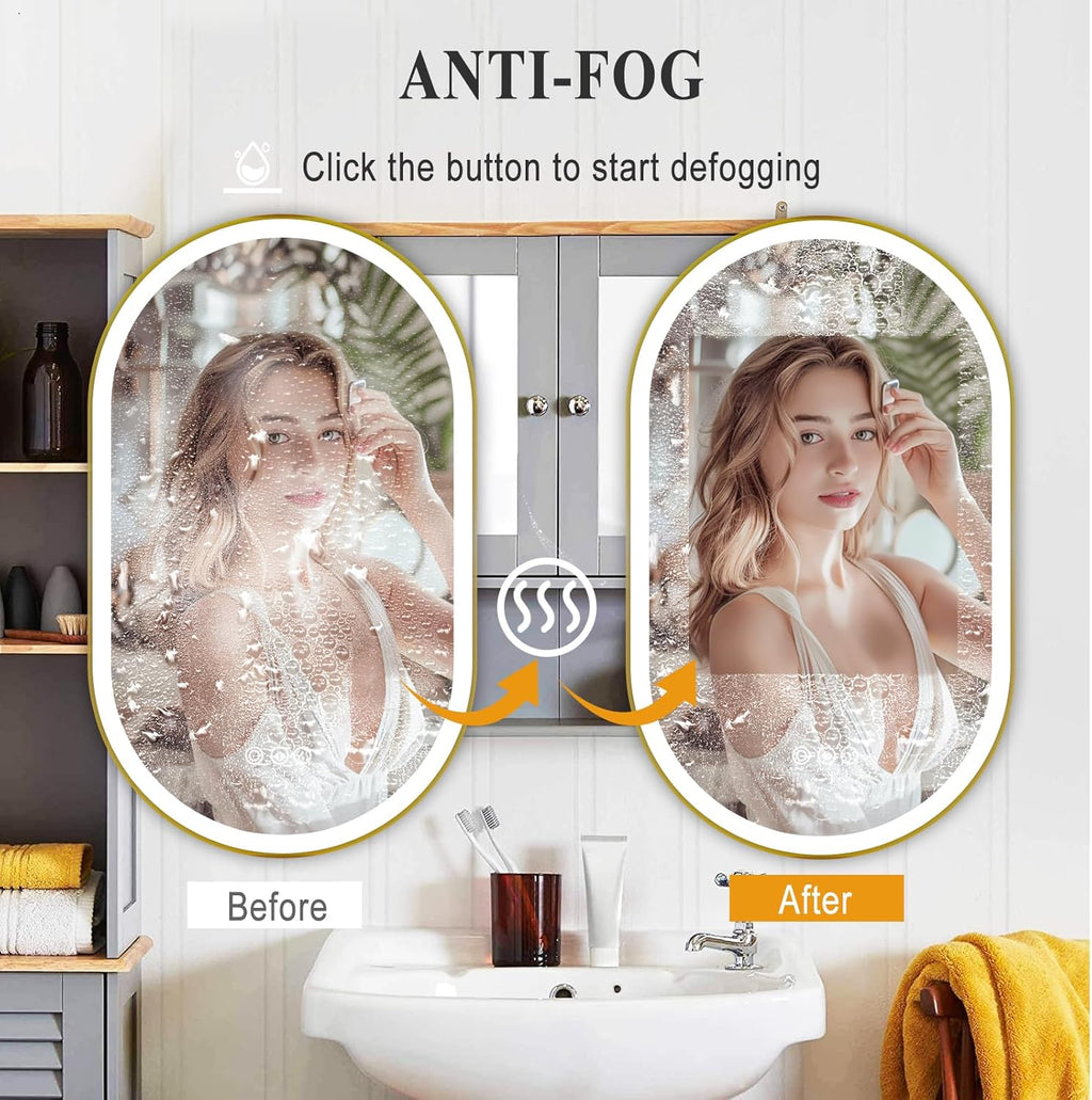 LED Mirror for Bathroom, 24x40 Inch Vanity Mirror with Lights，Anti-Fog Oval Bathroom Mirror, 3 Colors and Stepless Dimmable Wall Mounted Makeup Mirror with Metal Frame